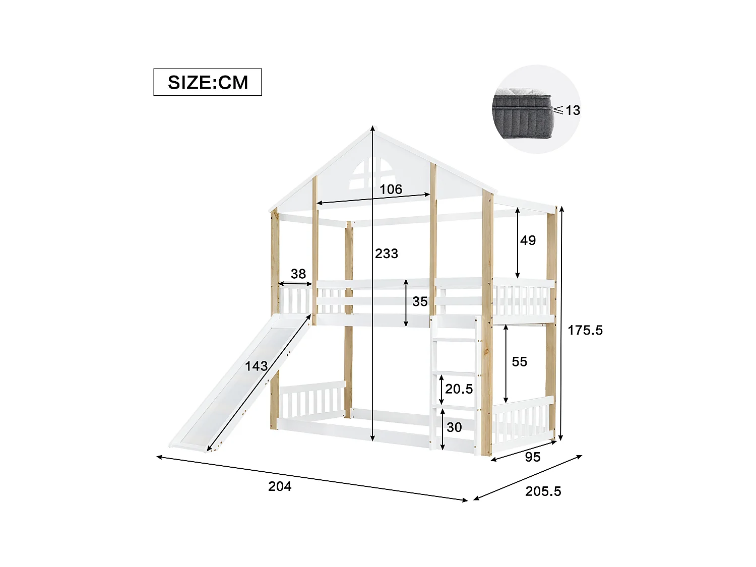 Lit superposé avec fenêtres, échelle 3 marches, lit enfant avec toboggan, maisonnette, clôtures, protection, bois massif, blanc + naturel, 90x200cm