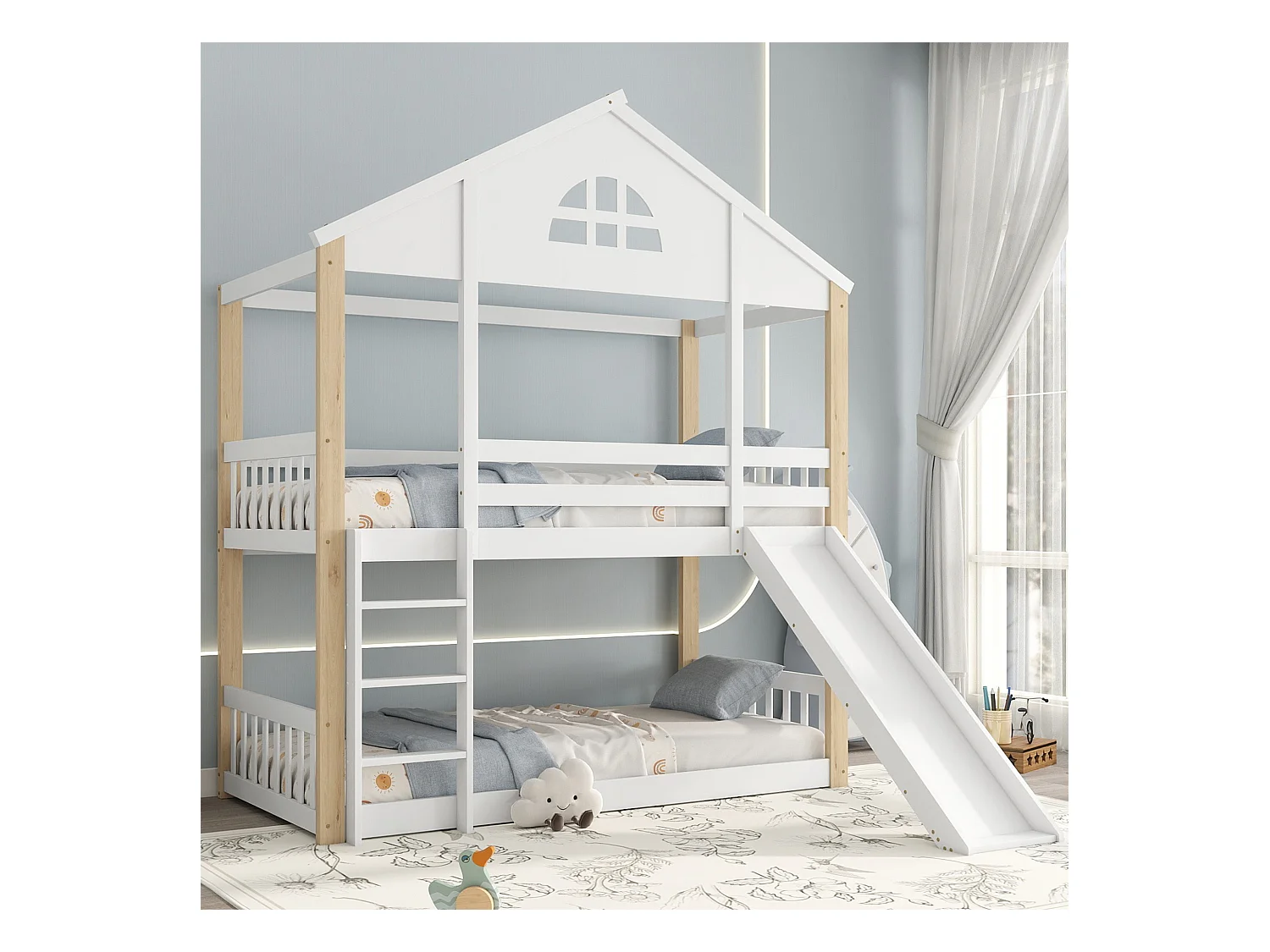 Lit superposé avec fenêtres, échelle 3 marches, lit enfant avec toboggan, maisonnette, clôtures, protection, bois massif, blanc + naturel, 90x200cm