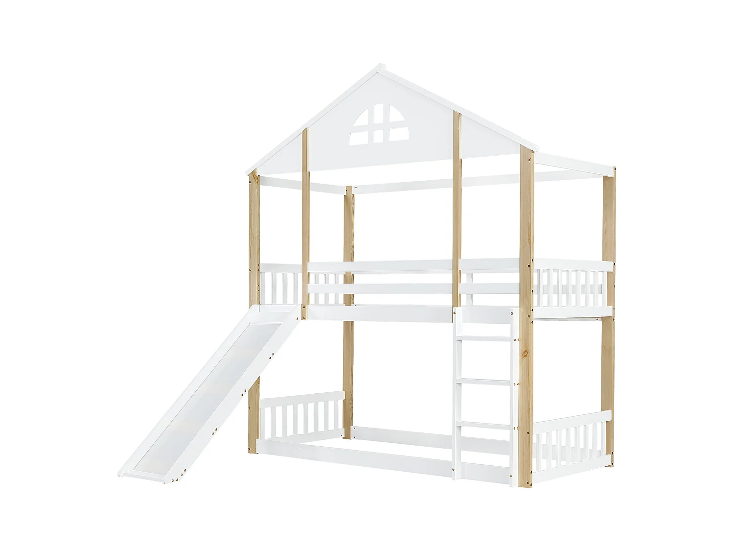 Lit superposé avec fenêtres, échelle 3 marches, lit enfant avec toboggan, maisonnette, clôtures, protection, bois massif, blanc + naturel, 90x200cm