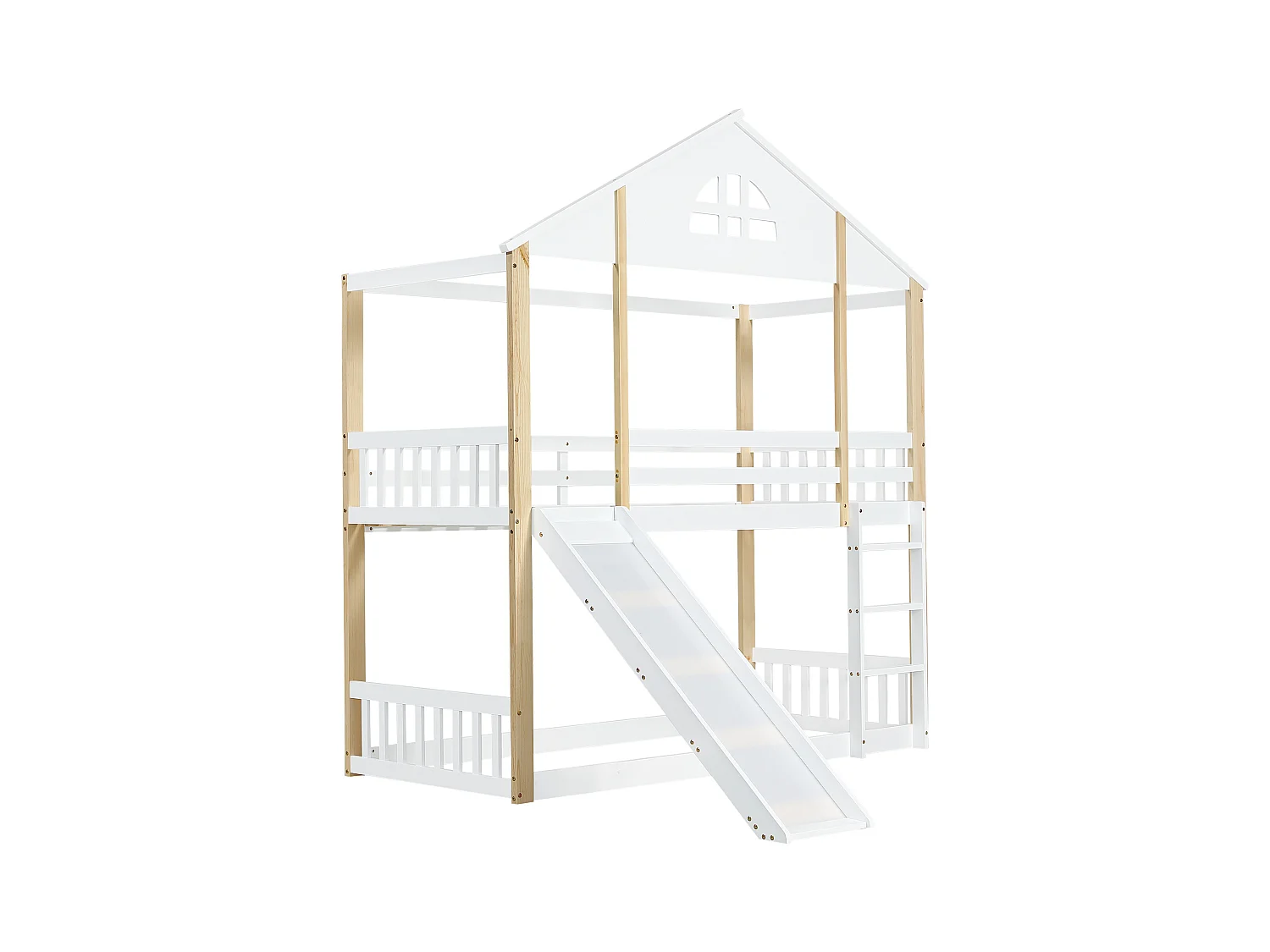 Lit superposé avec fenêtres, échelle 3 marches, lit enfant avec toboggan, maisonnette, clôtures, protection, bois massif, blanc + naturel, 90x200cm