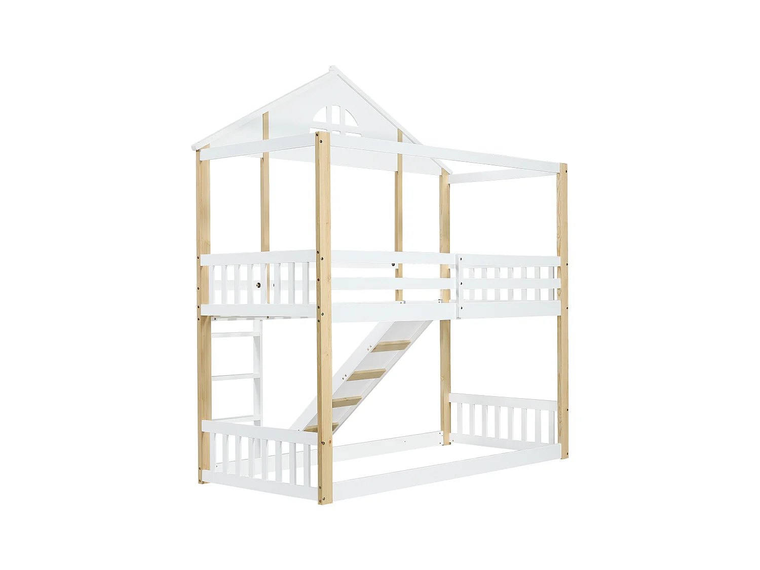 Lit superposé avec fenêtres, échelle 3 marches, lit enfant avec toboggan, maisonnette, clôtures, protection, bois massif, blanc + naturel, 90x200cm