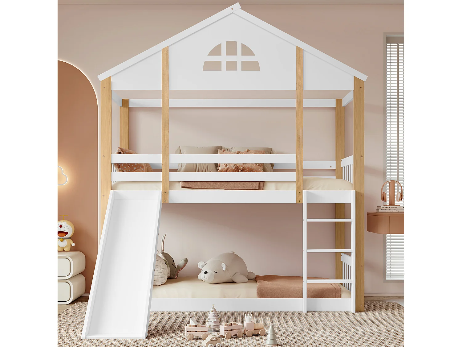 Letto a castello con finestre, scaletta a 3 gradini, letto per bambini con scivolo, casetta, recinzioni, protezione, legno massello, bianco + naturale, 90x200cm