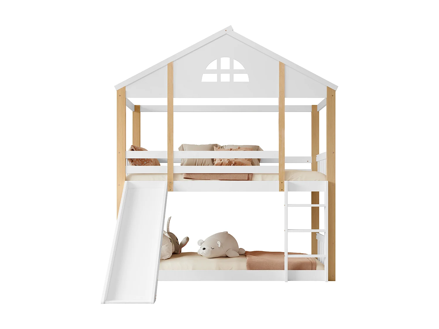 Letto a castello con finestre, scaletta a 3 gradini, letto per bambini con scivolo, casetta, recinzioni, protezione, legno massello, bianco + naturale, 90x200cm