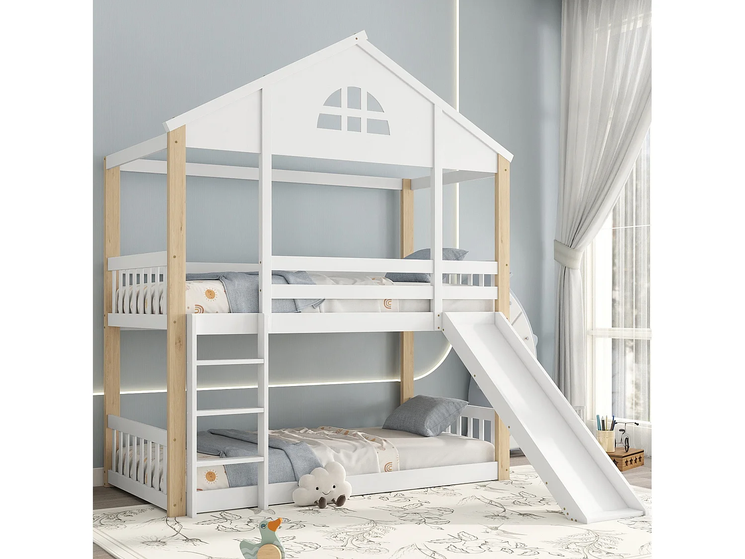 Letto a castello con finestre, scaletta a 3 gradini, letto per bambini con scivolo, casetta, recinzioni, protezione, legno massello, bianco + naturale, 90x200cm