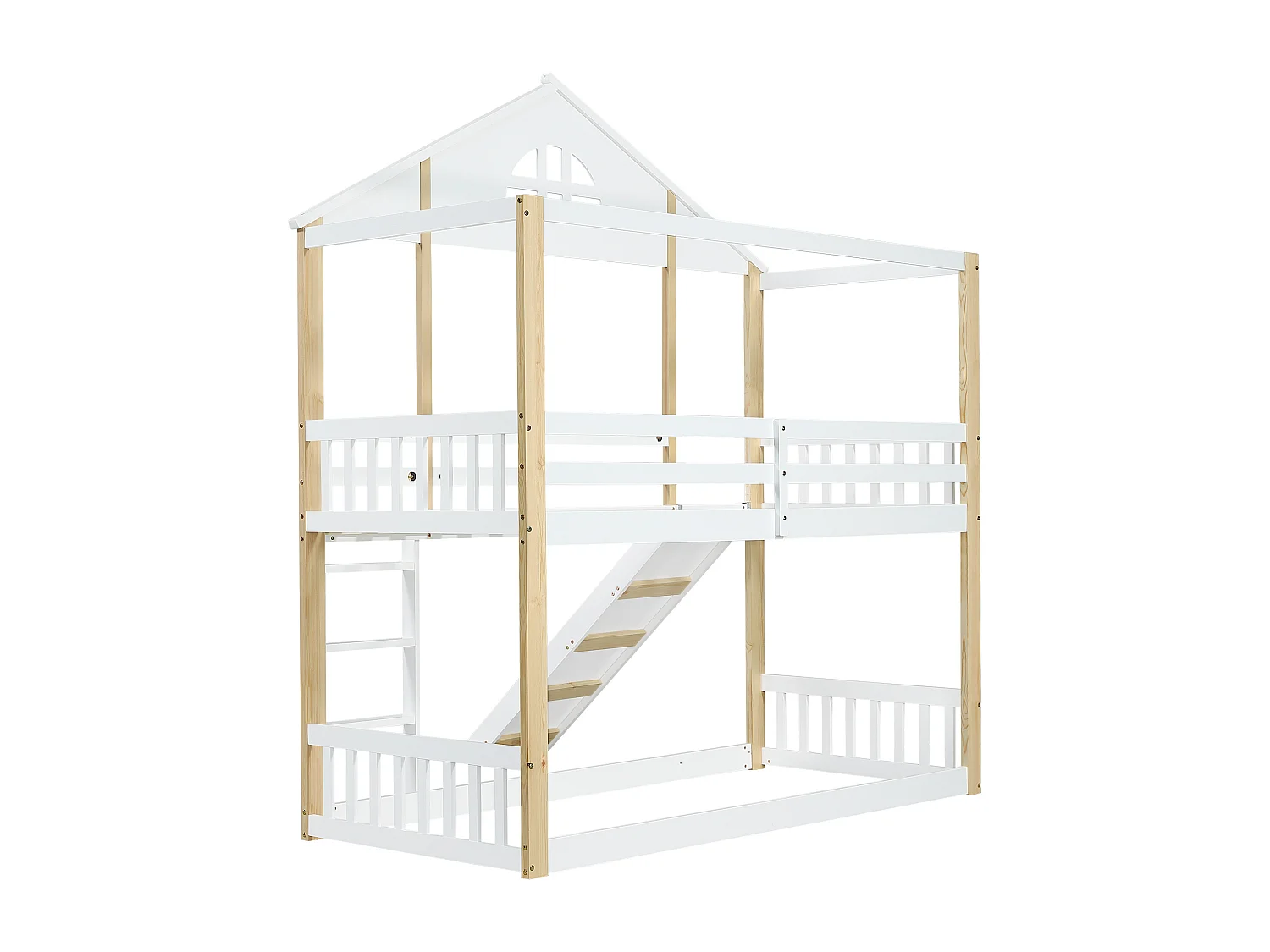 Letto a castello con finestre, scaletta a 3 gradini, letto per bambini con scivolo, casetta, recinzioni, protezione, legno massello, bianco + naturale, 90x200cm