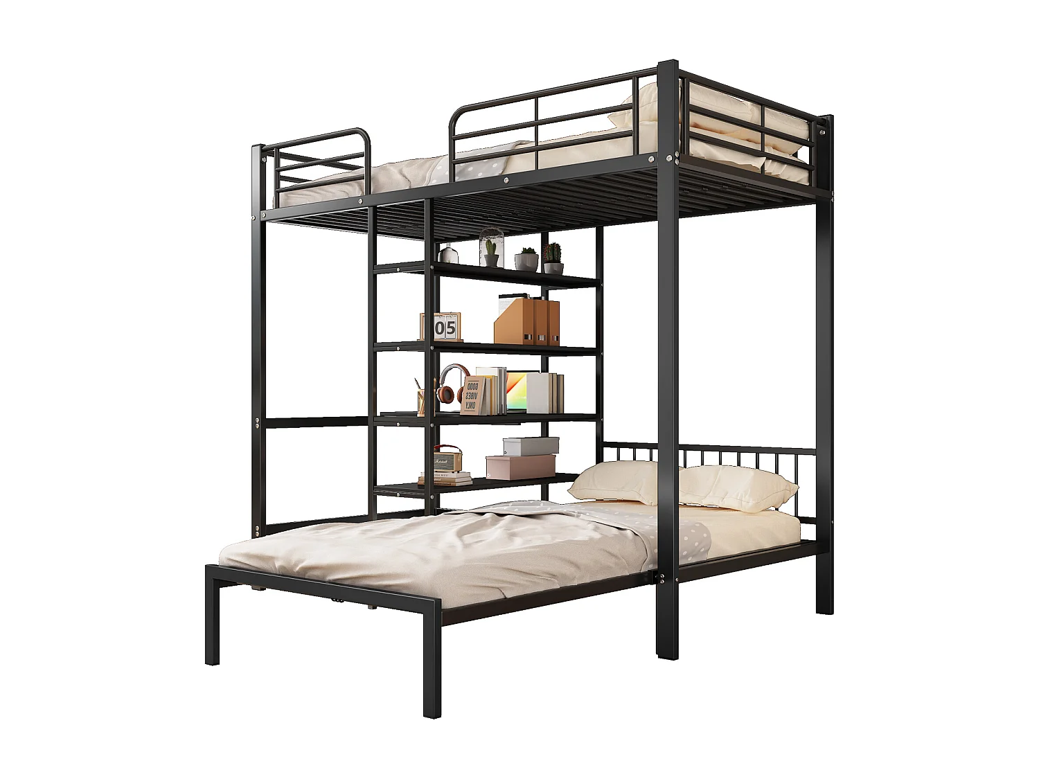 IJzeren stapelbed, tafel, planken, kinderen/tieners, 5-traps ladder (schuin), 4 leuningen, ijzer + MDF, zwart, 90x200cm