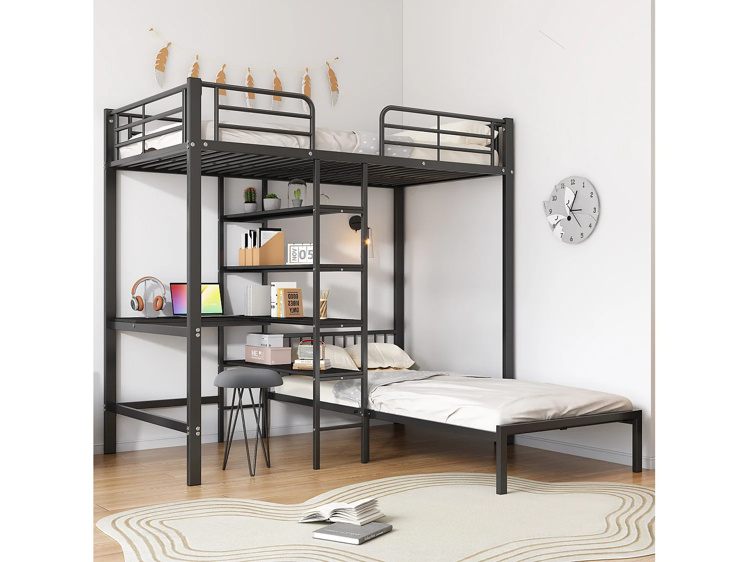 IJzeren stapelbed, tafel, planken, kinderen/tieners, 5-traps ladder (schuin), 4 leuningen, ijzer + MDF, zwart, 90x200cm