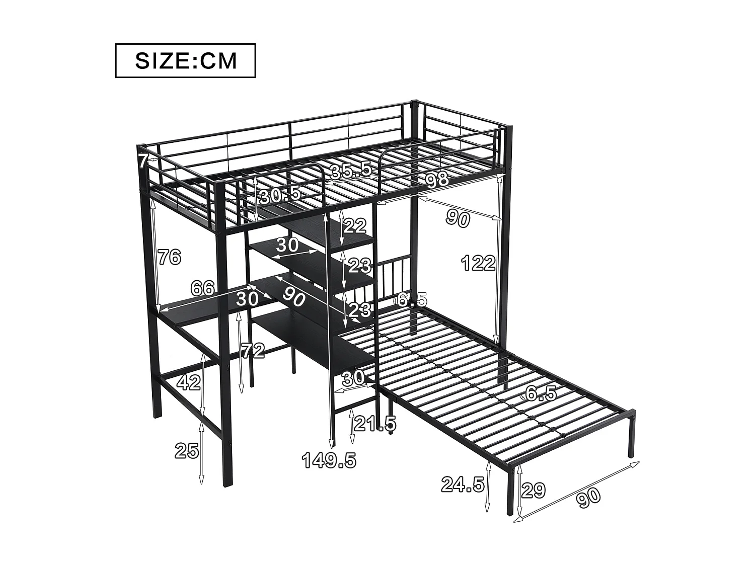 IJzeren stapelbed, tafel, planken, kinderen/tieners, 5-traps ladder (schuin), 4 leuningen, ijzer + MDF, zwart, 90x200cm