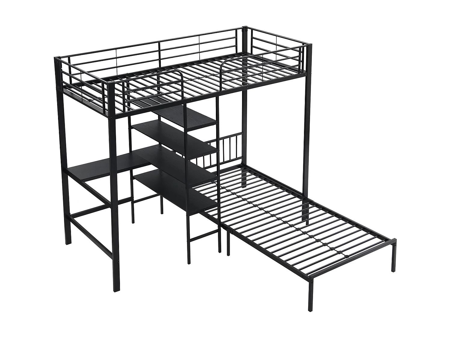 IJzeren stapelbed, tafel, planken, kinderen/tieners, 5-traps ladder (schuin), 4 leuningen, ijzer + MDF, zwart, 90x200cm