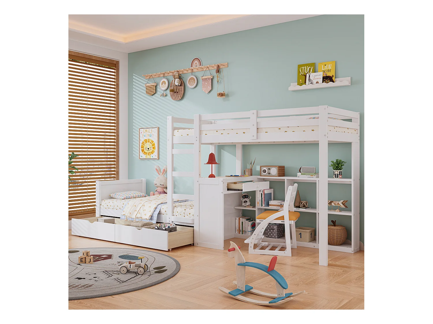 Lit superposé pour enfant, échelle 3 marches, sommier à lattes robuste, étagère, barrière de sécurité, 2 tiroirs, bureau, pin+MDF, blanc, 90x200cm