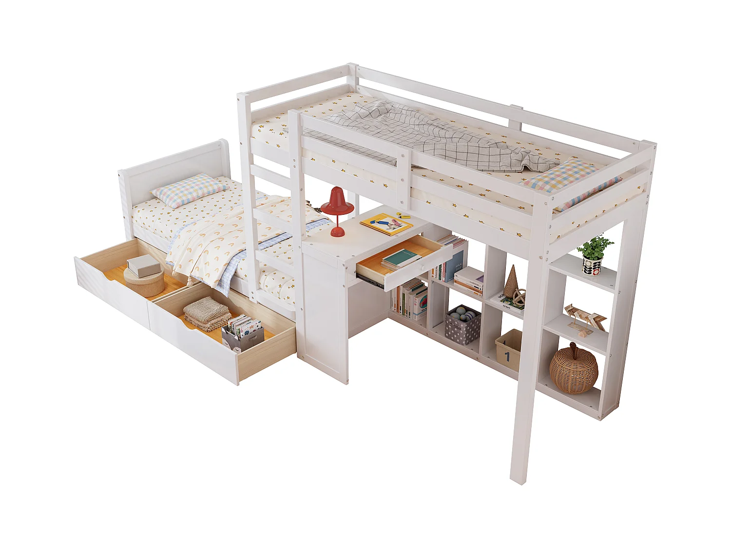 Lit superposé pour enfant, échelle 3 marches, sommier à lattes robuste, étagère, barrière de sécurité, 2 tiroirs, bureau, pin+MDF, blanc, 90x200cm