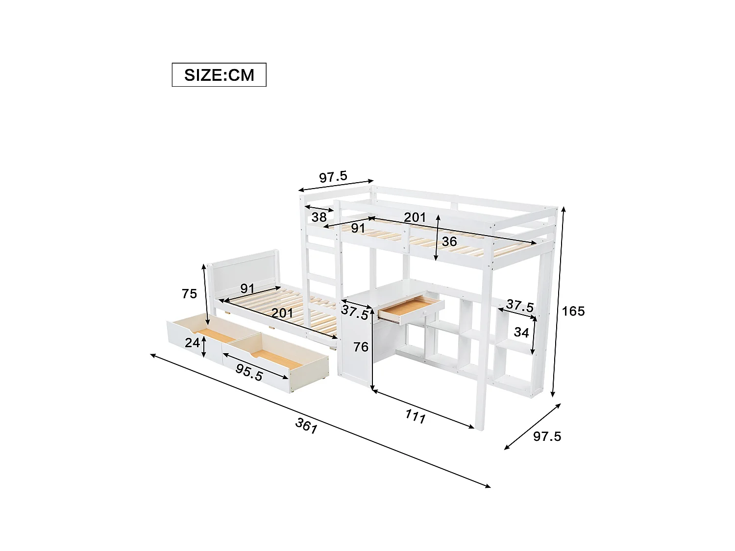 Lit superposé pour enfant, échelle 3 marches, sommier à lattes robuste, étagère, barrière de sécurité, 2 tiroirs, bureau, pin+MDF, blanc, 90x200cm