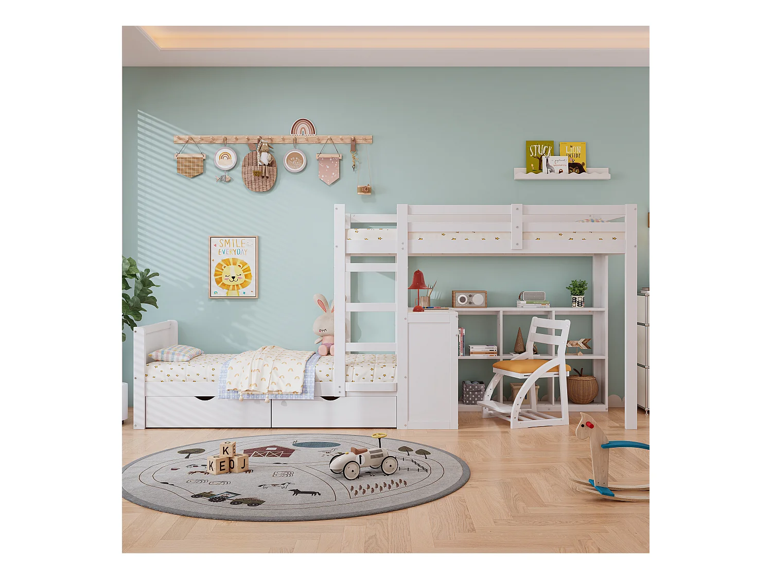 Lit superposé pour enfant, échelle 3 marches, sommier à lattes robuste, étagère, barrière de sécurité, 2 tiroirs, bureau, pin+MDF, blanc, 90x200cm