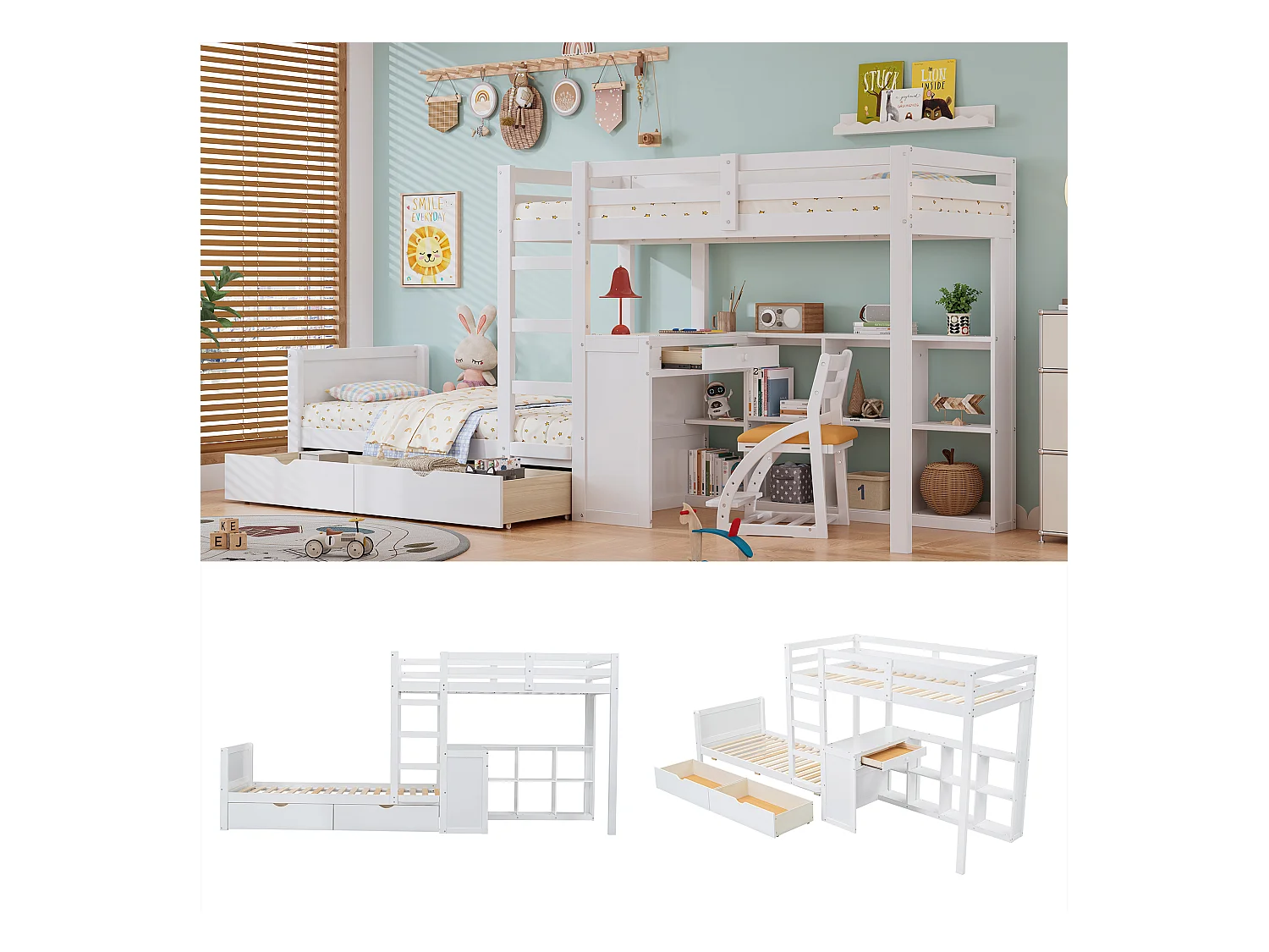 Lit superposé pour enfant, échelle 3 marches, sommier à lattes robuste, étagère, barrière de sécurité, 2 tiroirs, bureau, pin+MDF, blanc, 90x200cm