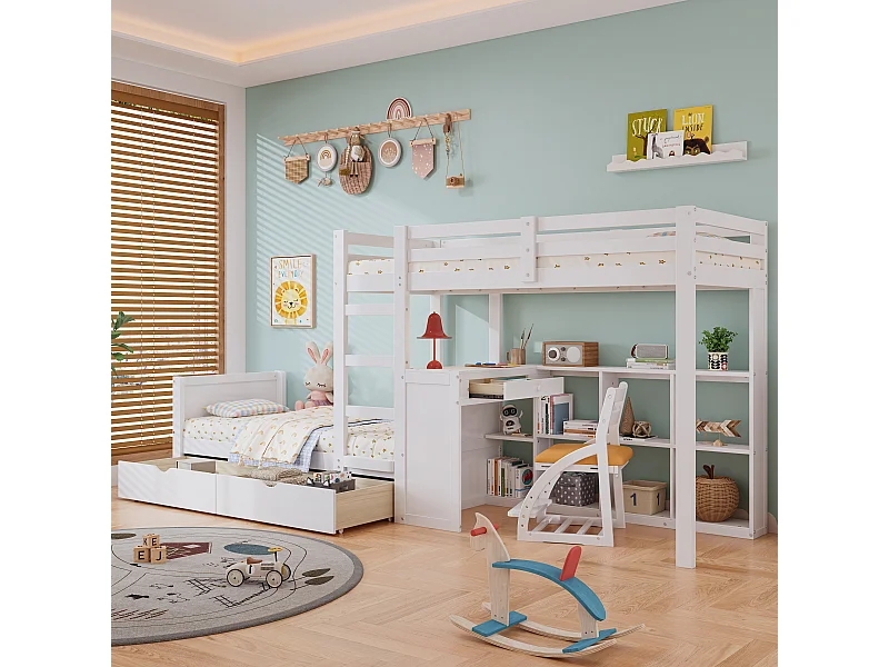 Kinderstapelbed, 3-traps ladder, stevige lattenbodem, plank, veiligheidshekje, 2 lades, bureau, grenen+MDF, wit, 90x200cm