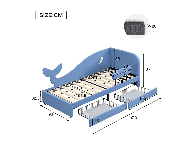 Kinder-Polsterbett, Tagesbett, Wal, Schlafsofa (Metall), 2 Schubladen, Rollen, PU+MDF+Sperrholz, blau, 90x200cm