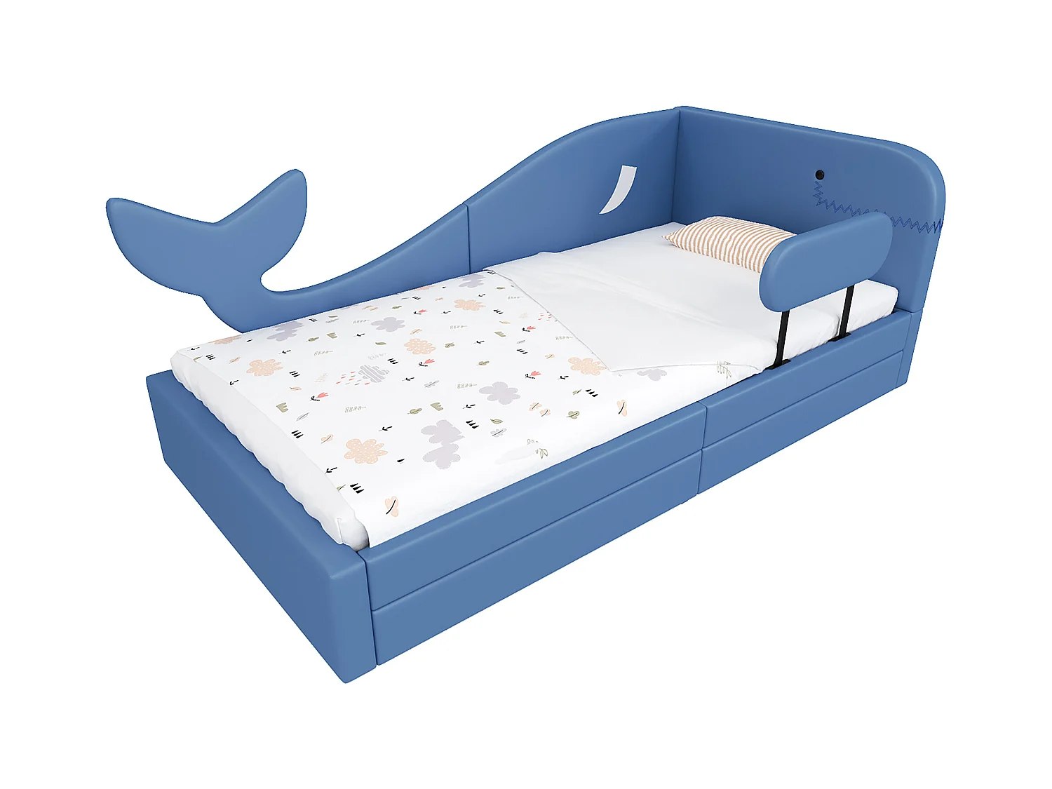 Lit rembourré pour enfant, lit de repos, baleine, canapé-lit (métal), 2 tiroirs, roulettes, PU+MDF+contreplaqué, bleu, 90x200cm