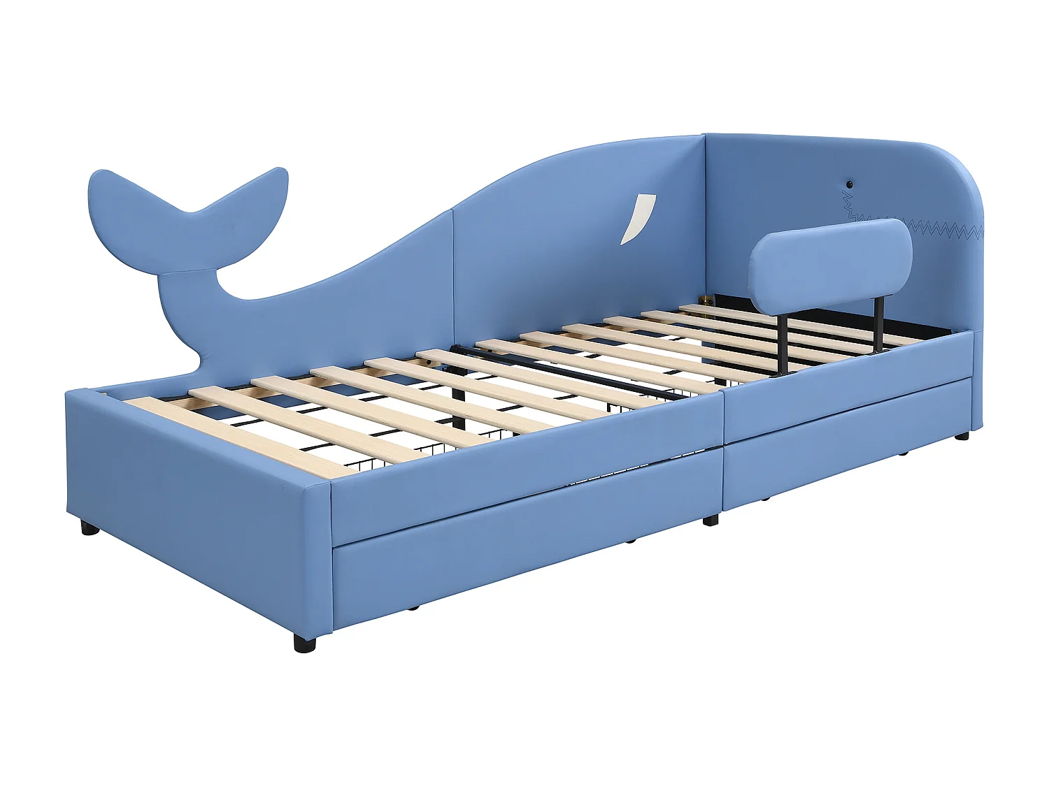 Lit rembourré pour enfant, lit de repos, baleine, canapé-lit (métal), 2 tiroirs, roulettes, PU+MDF+contreplaqué, bleu, 90x200cm