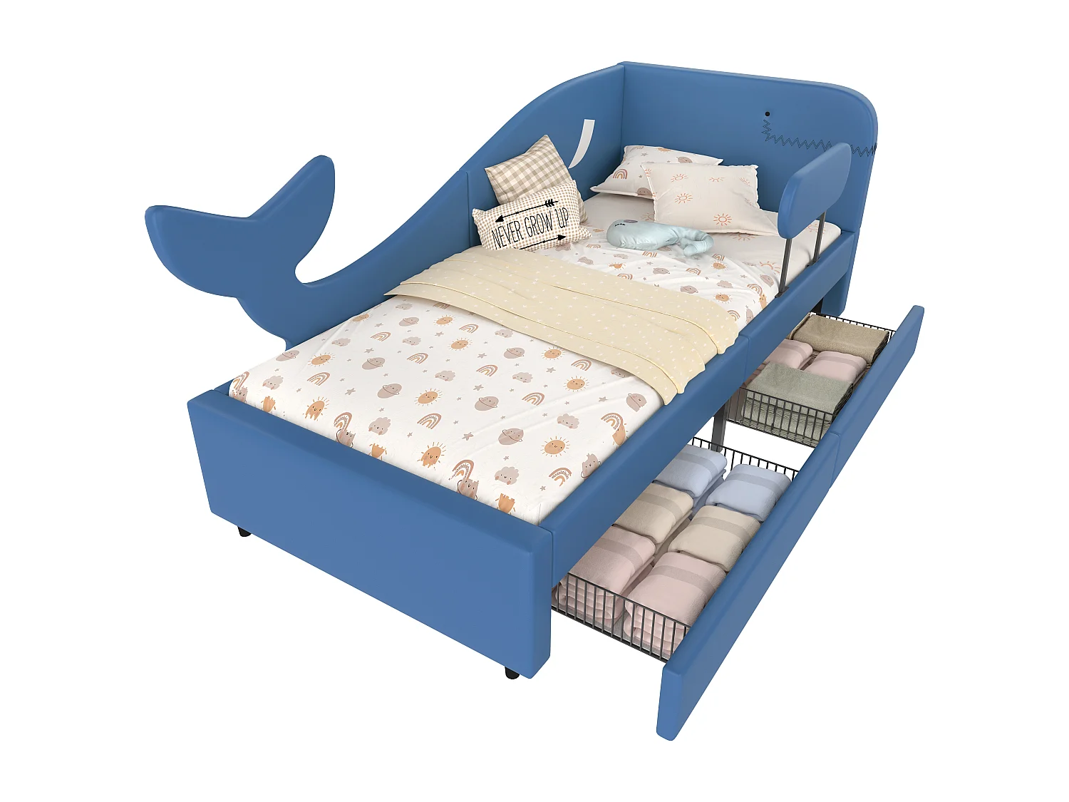 Kinderbed, slaapbank, slaapbank (metaal), 2 lades, wielen, PU+MDF+multiplex, blauw, 90x200cm