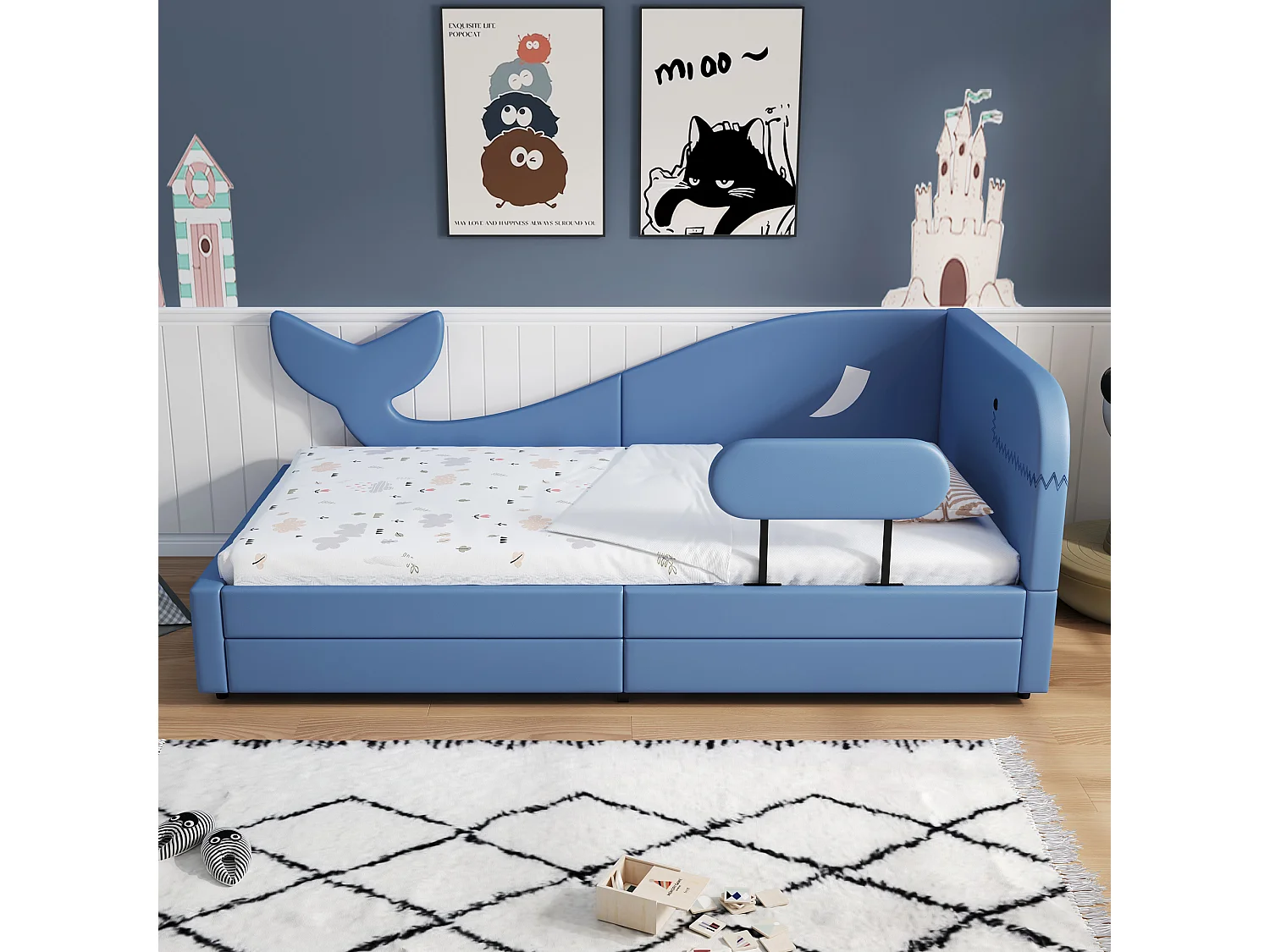 Kinderbed, slaapbank, slaapbank (metaal), 2 lades, wielen, PU+MDF+multiplex, blauw, 90x200cm