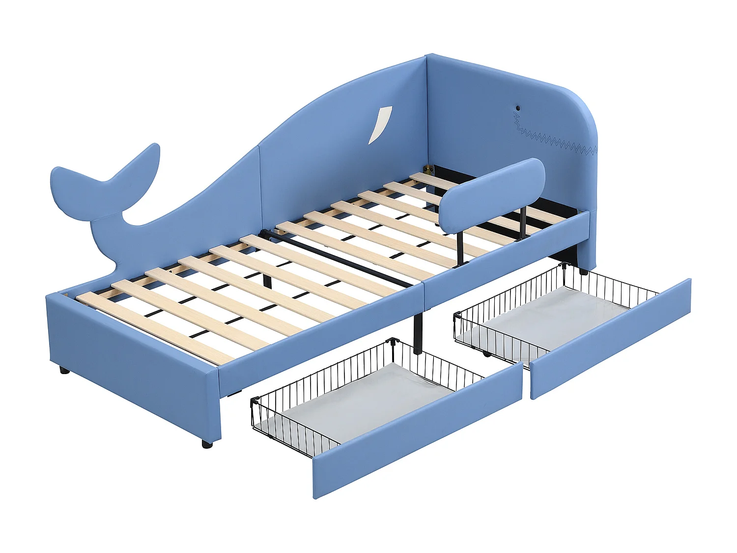Kinderbed, slaapbank, slaapbank (metaal), 2 lades, wielen, PU+MDF+multiplex, blauw, 90x200cm