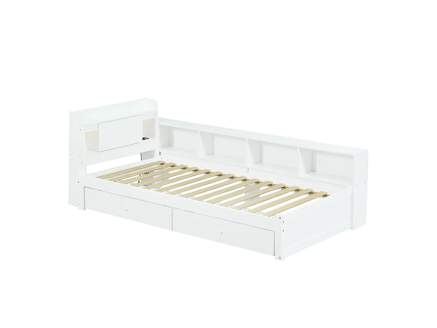 Einzelbett, Paneel, Kopfteil (Stauraum + 2 Leuchten), Ladesteckdose, Schränke, Schubladen, Kiefer + Spanplatte + MDF, weiß, 90x200cm