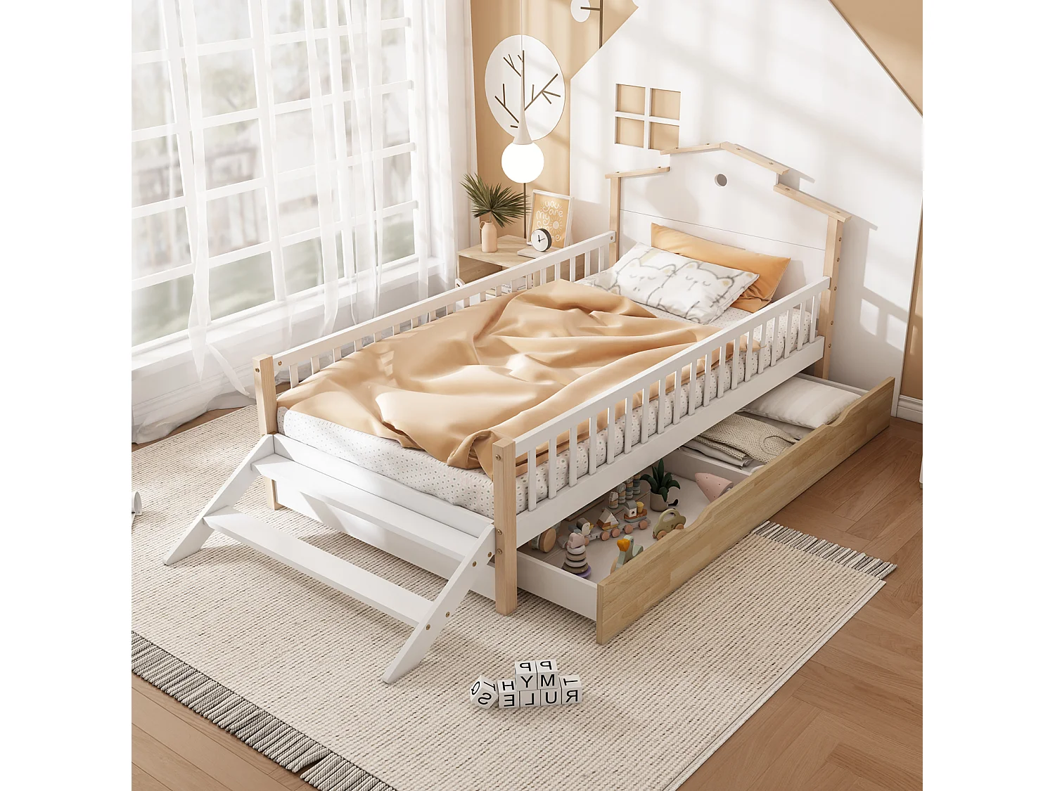 Cama infantil, barandilla, puerta seguridad, escalera lateral, techo único, adolescentes/adultos, pino+MDF, blanco+natural, 90x200cm
