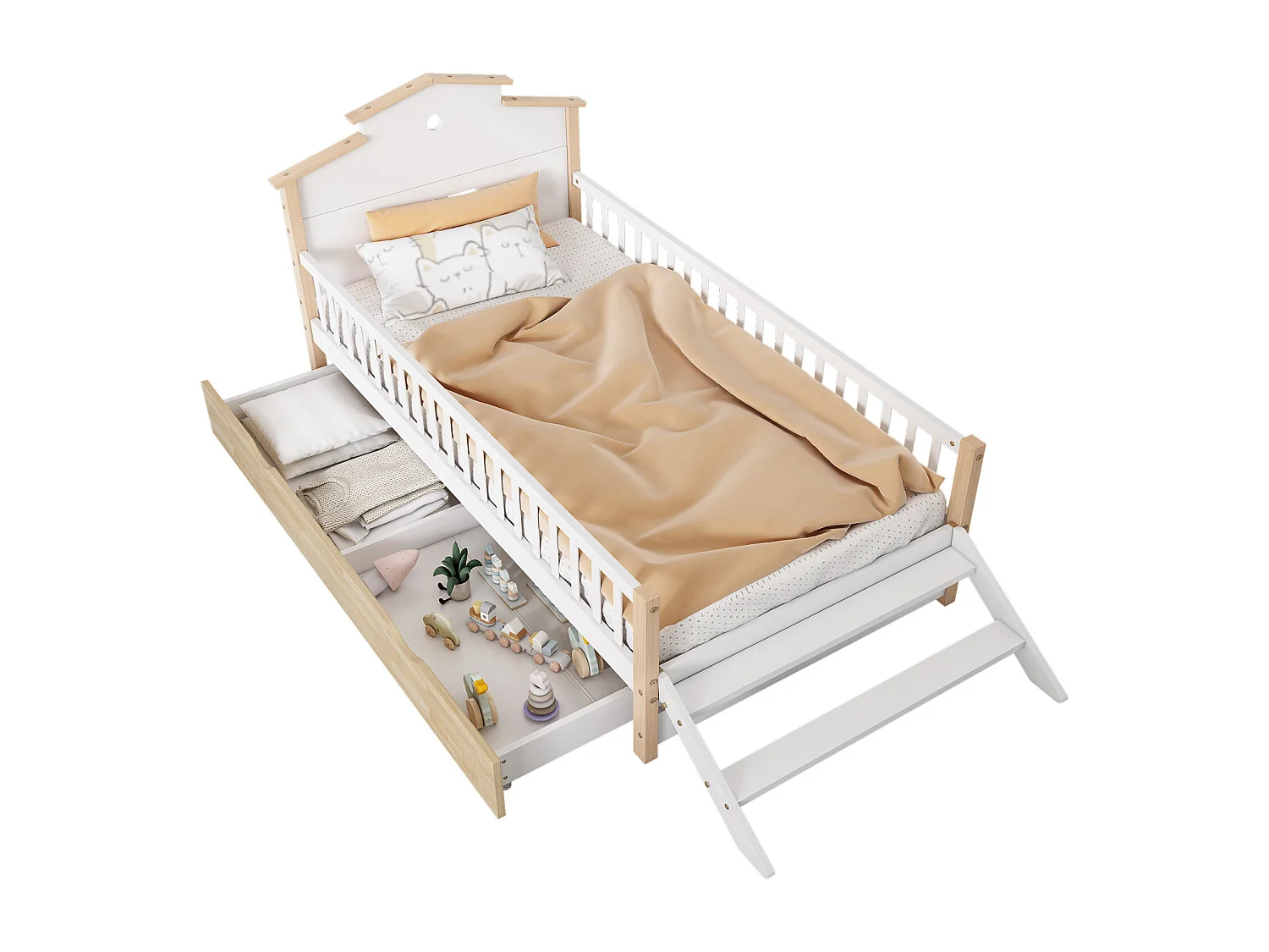 Cama infantil, barandilla, puerta seguridad, escalera lateral, techo único, adolescentes/adultos, pino+MDF, blanco+natural, 90x200cm