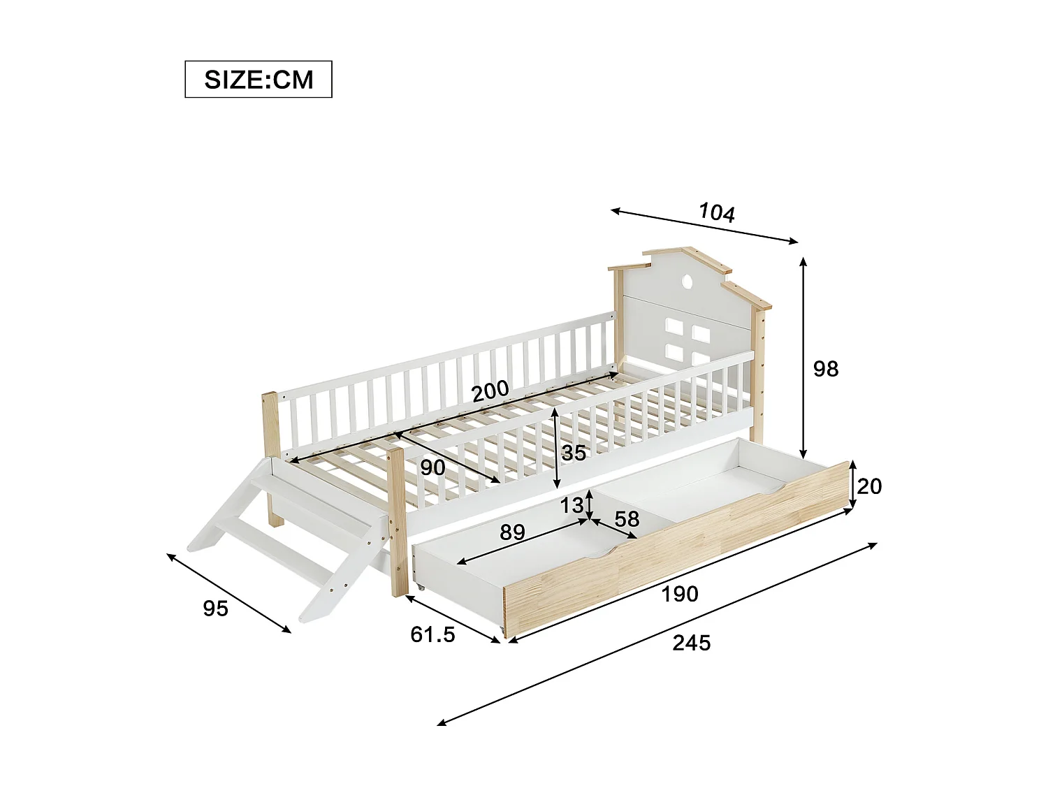 Cama infantil, barandilla, puerta seguridad, escalera lateral, techo único, adolescentes/adultos, pino+MDF, blanco+natural, 90x200cm