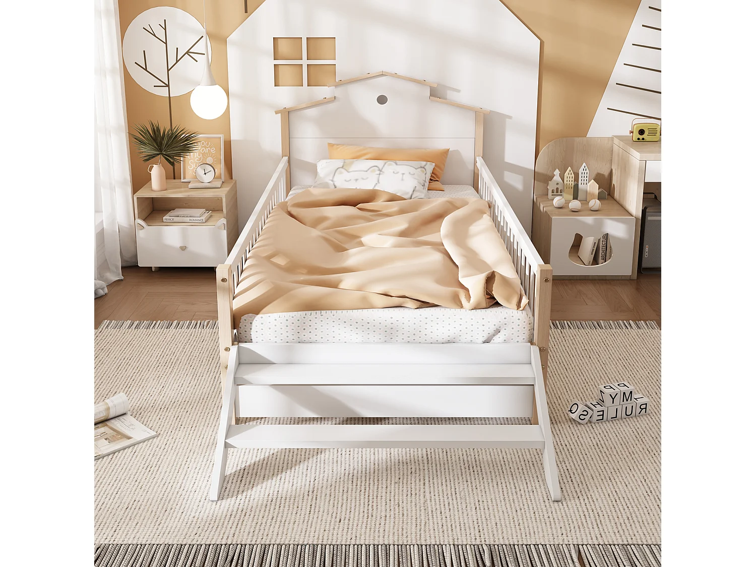 Cama infantil, barandilla, puerta seguridad, escalera lateral, techo único, adolescentes/adultos, pino+MDF, blanco+natural, 90x200cm