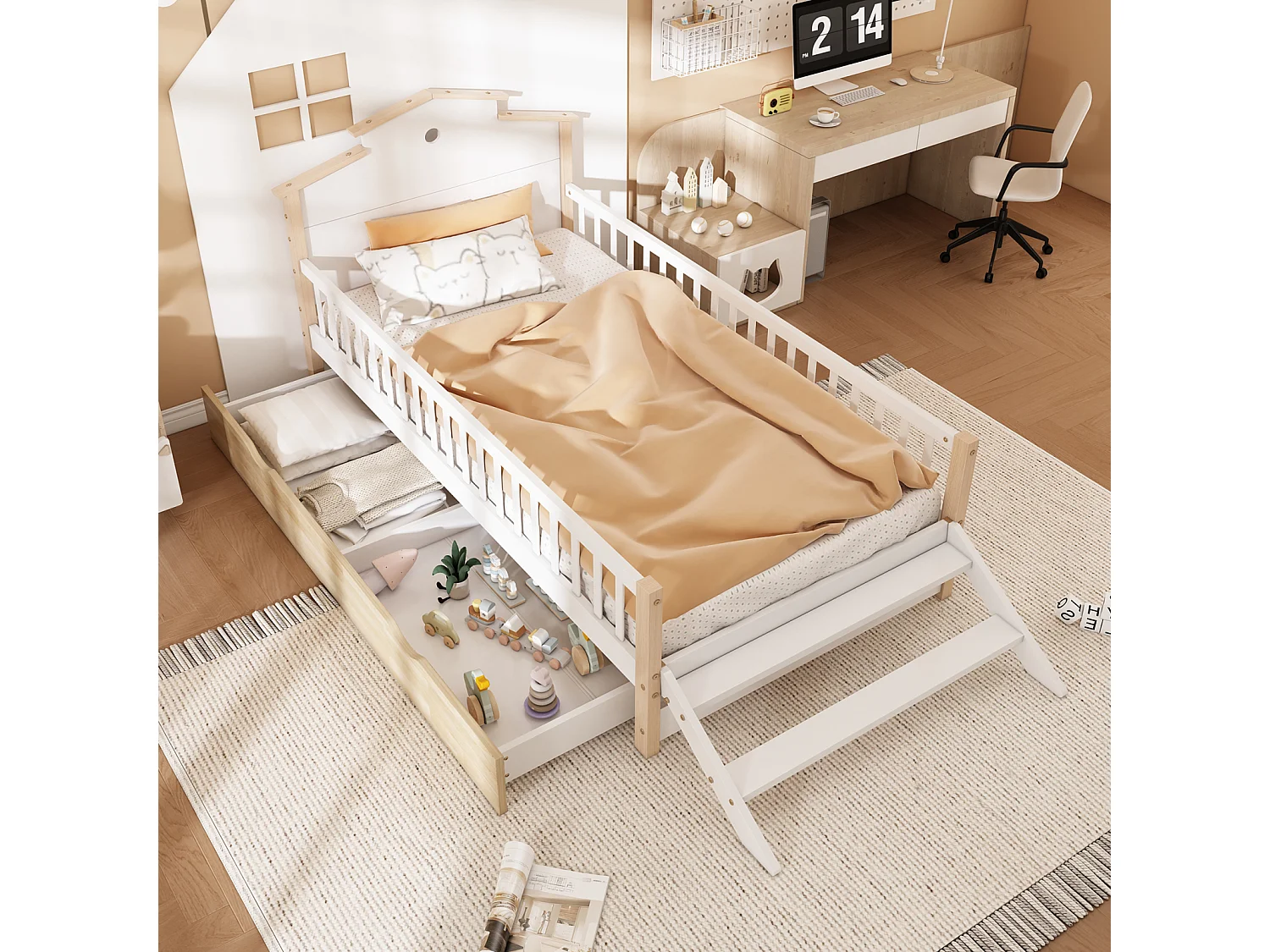 Cama infantil, barandilla, puerta seguridad, escalera lateral, techo único, adolescentes/adultos, pino+MDF, blanco+natural, 90x200cm