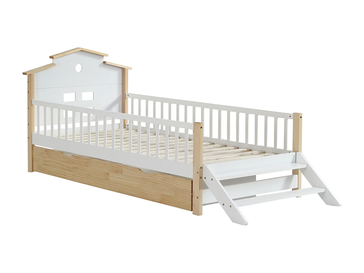Cama infantil, barandilla, puerta seguridad, escalera lateral, techo único, adolescentes/adultos, pino+MDF, blanco+natural, 90x200cm