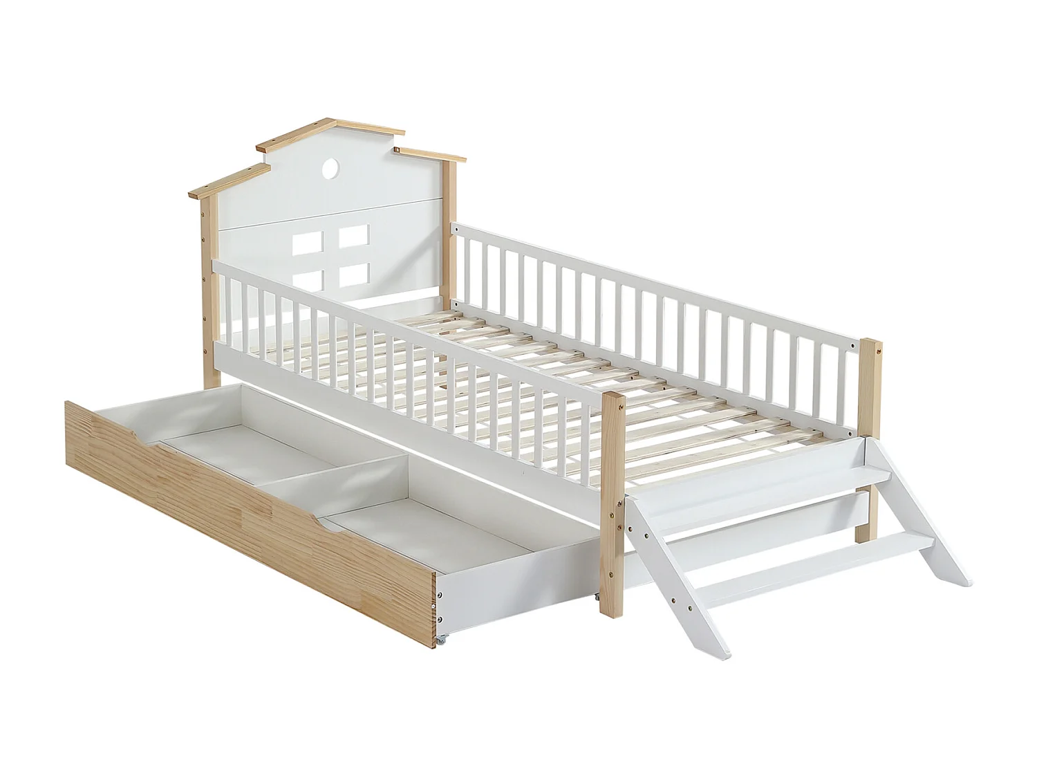 Cama infantil, barandilla, puerta seguridad, escalera lateral, techo único, adolescentes/adultos, pino+MDF, blanco+natural, 90x200cm