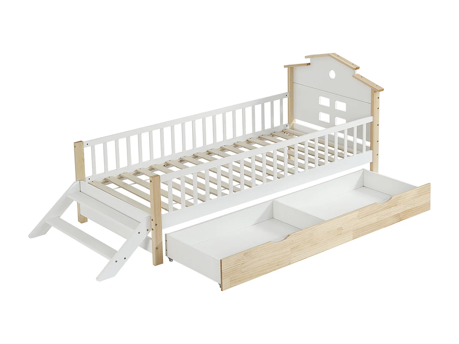 Cama infantil, barandilla, puerta seguridad, escalera lateral, techo único, adolescentes/adultos, pino+MDF, blanco+natural, 90x200cm
