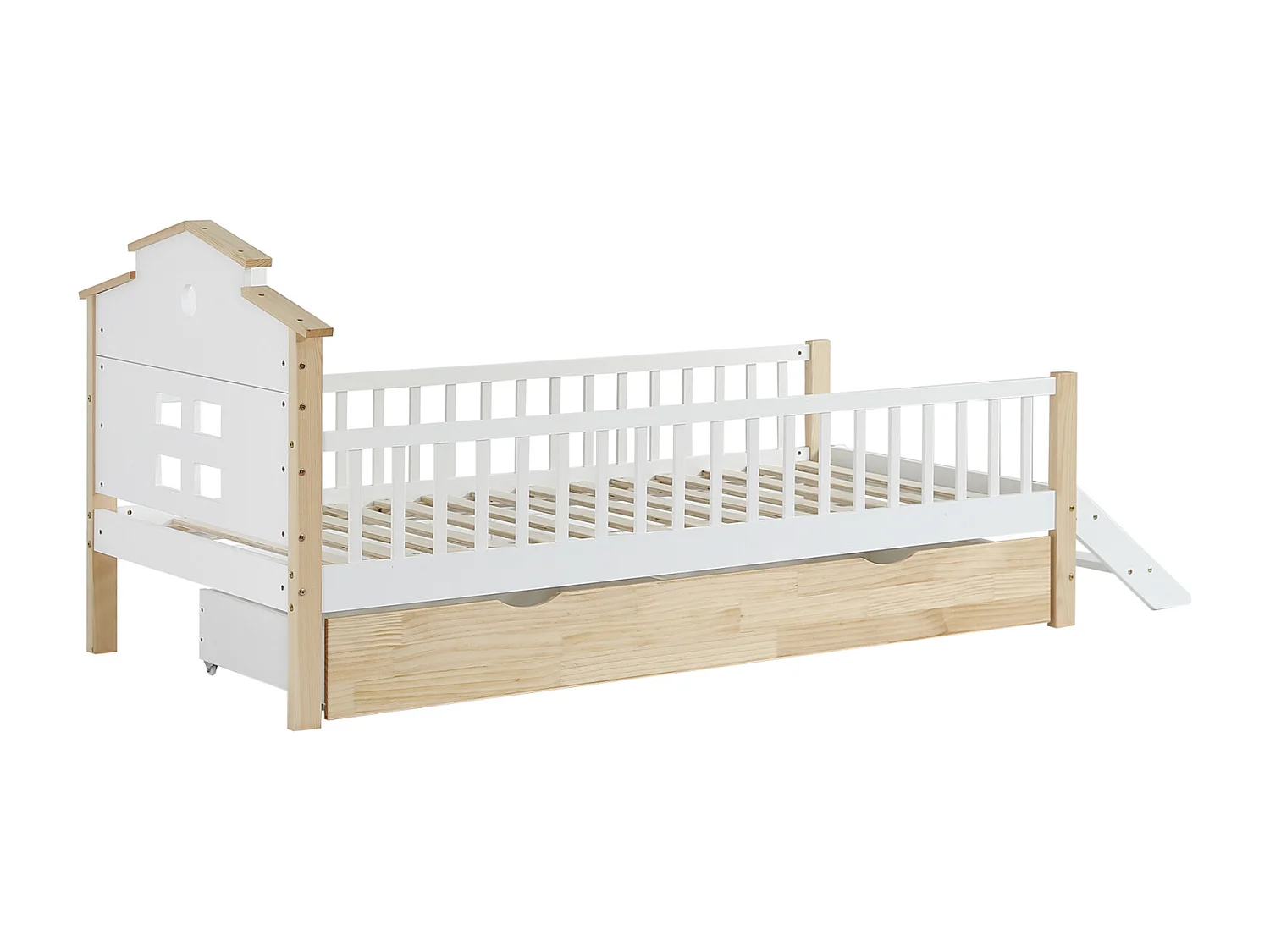 Cama infantil, barandilla, puerta seguridad, escalera lateral, techo único, adolescentes/adultos, pino+MDF, blanco+natural, 90x200cm