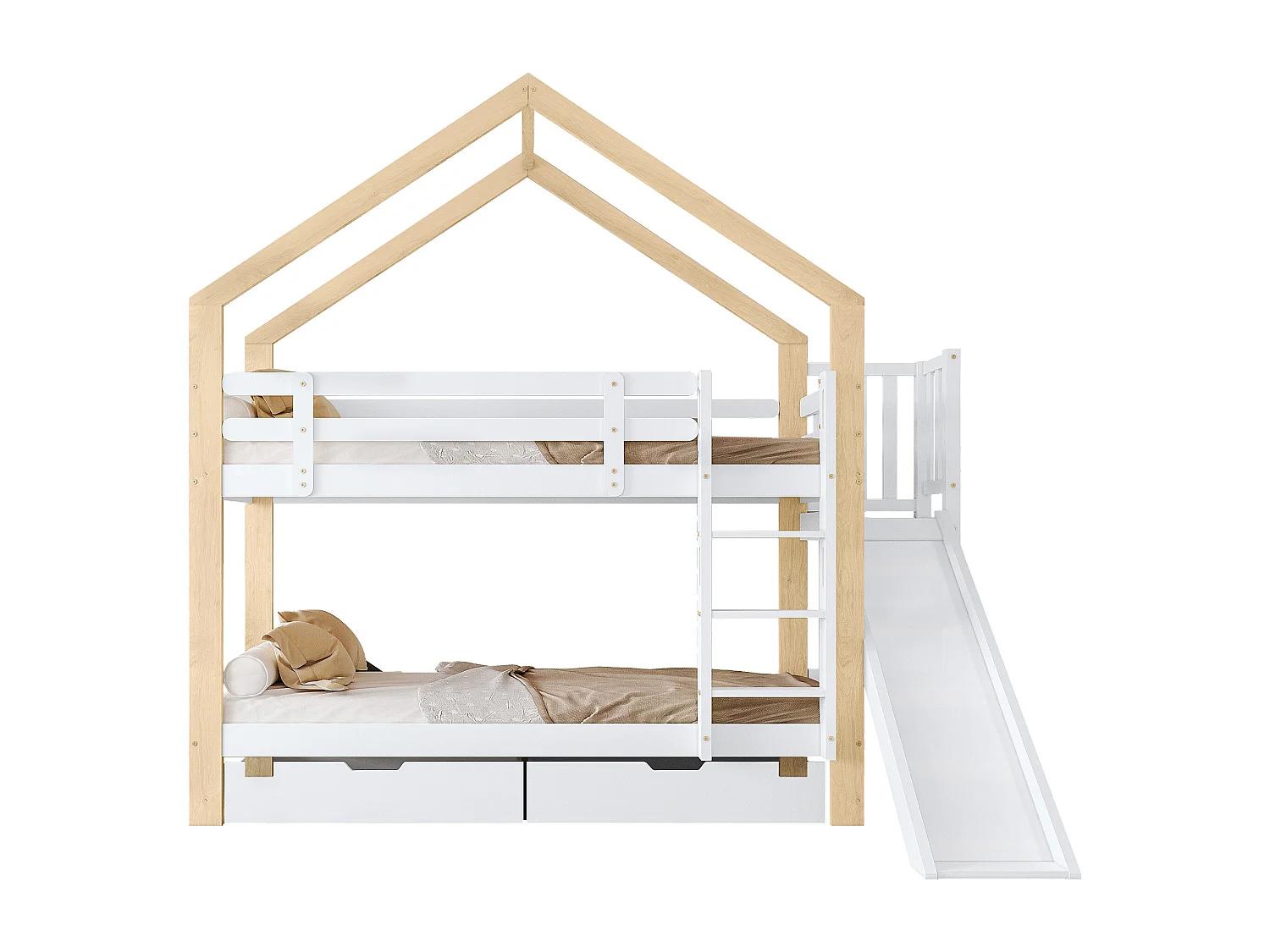 Letto a castello con scivolo, scala inclinata a 3 gradini, letto a castello, ringhiera, 2 cassetti, legno massello, bianco+naturale, 90x200cm