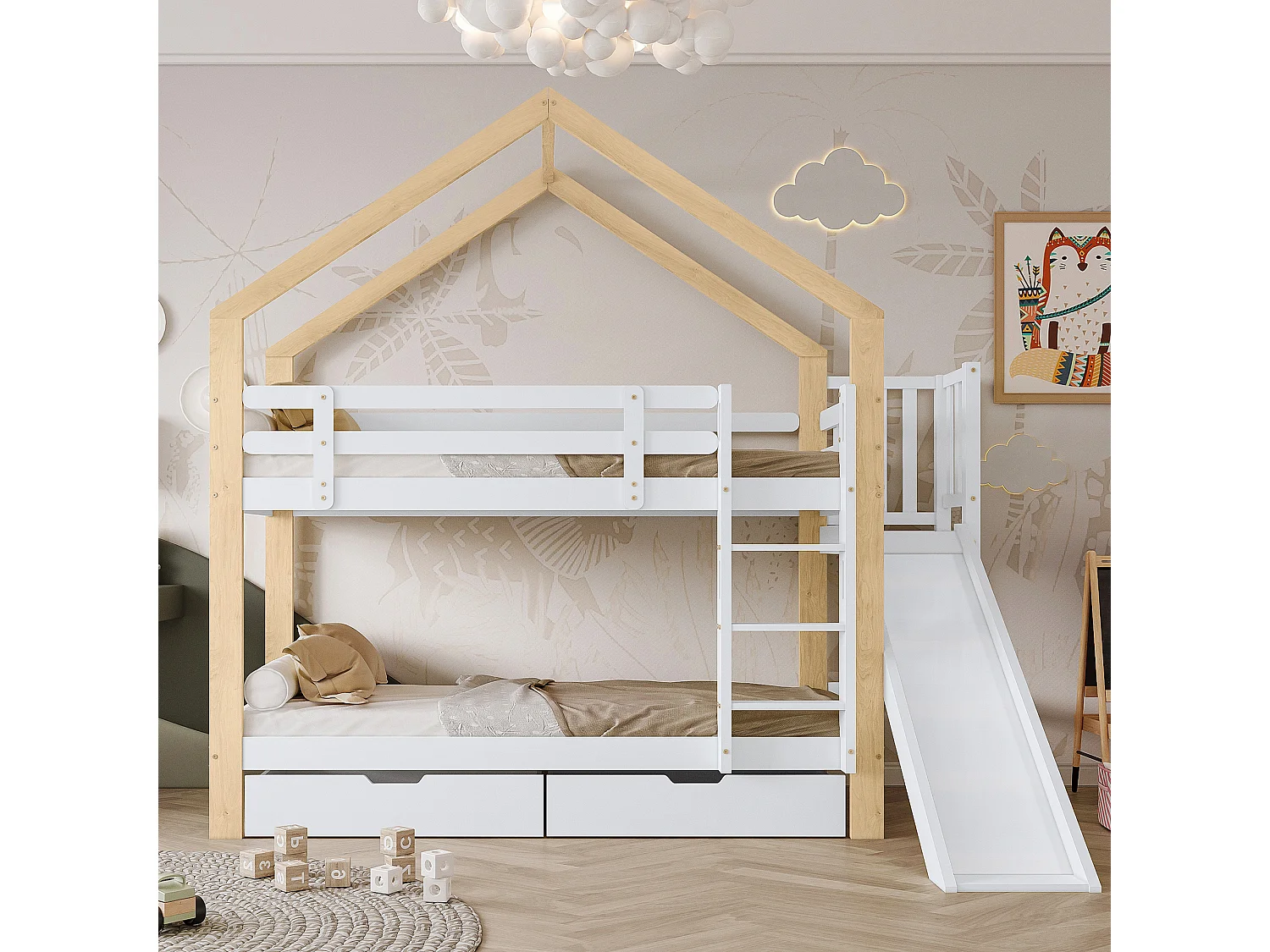 Letto a castello con scivolo, scala inclinata a 3 gradini, letto a castello, ringhiera, 2 cassetti, legno massello, bianco+naturale, 90x200cm