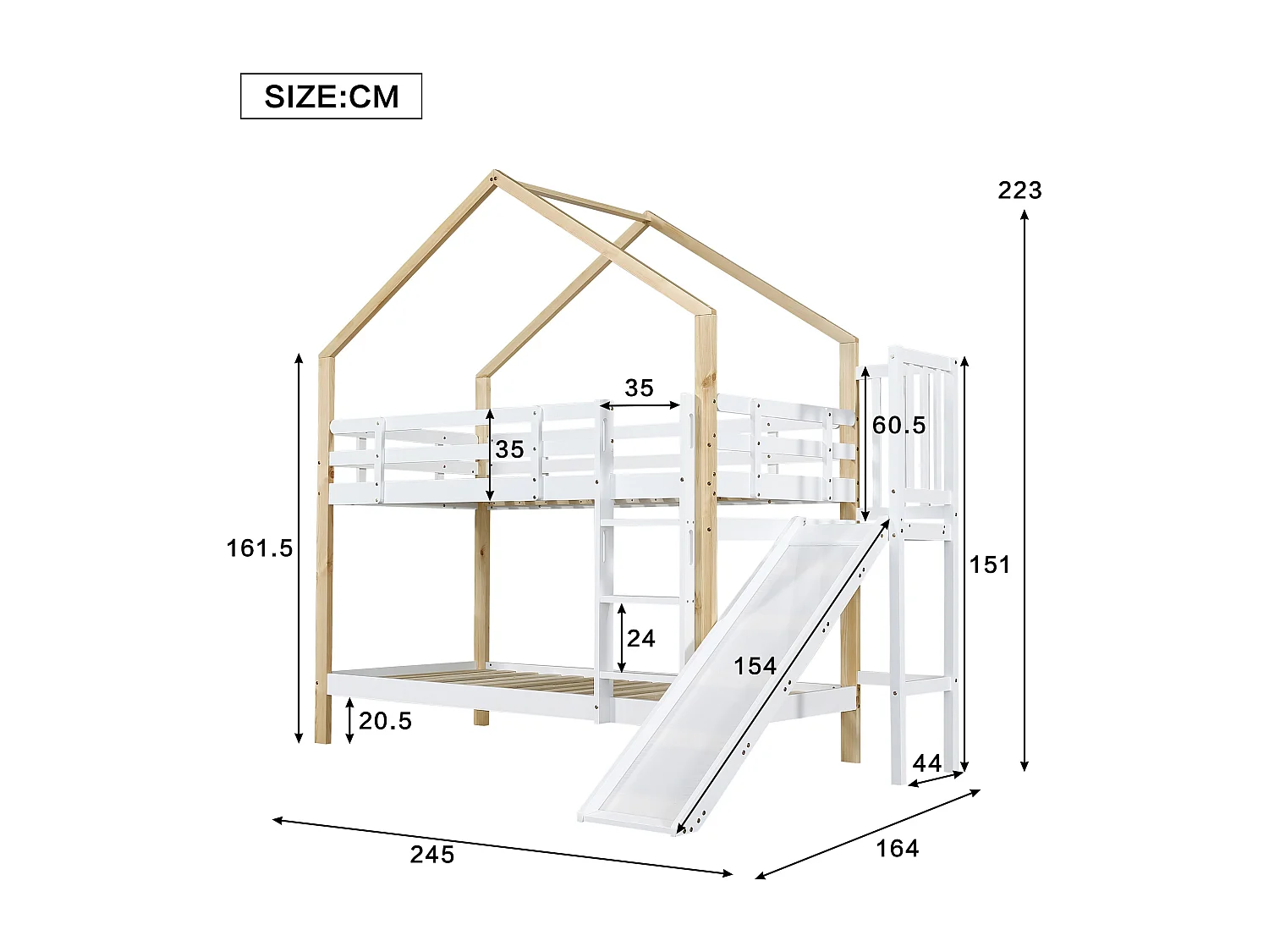Letto a castello con scivolo, scala inclinata a 3 gradini, letto a castello, ringhiera, 2 cassetti, legno massello, bianco+naturale, 90x200cm