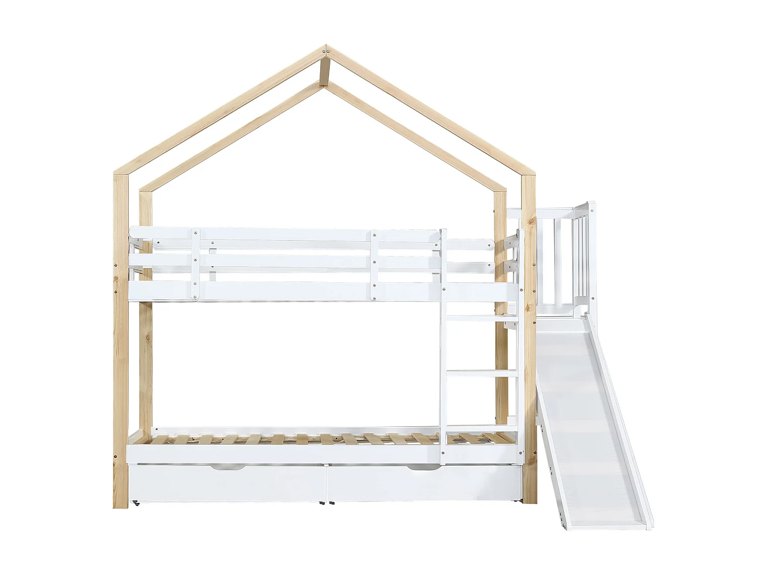 Letto a castello con scivolo, scala inclinata a 3 gradini, letto a castello, ringhiera, 2 cassetti, legno massello, bianco+naturale, 90x200cm