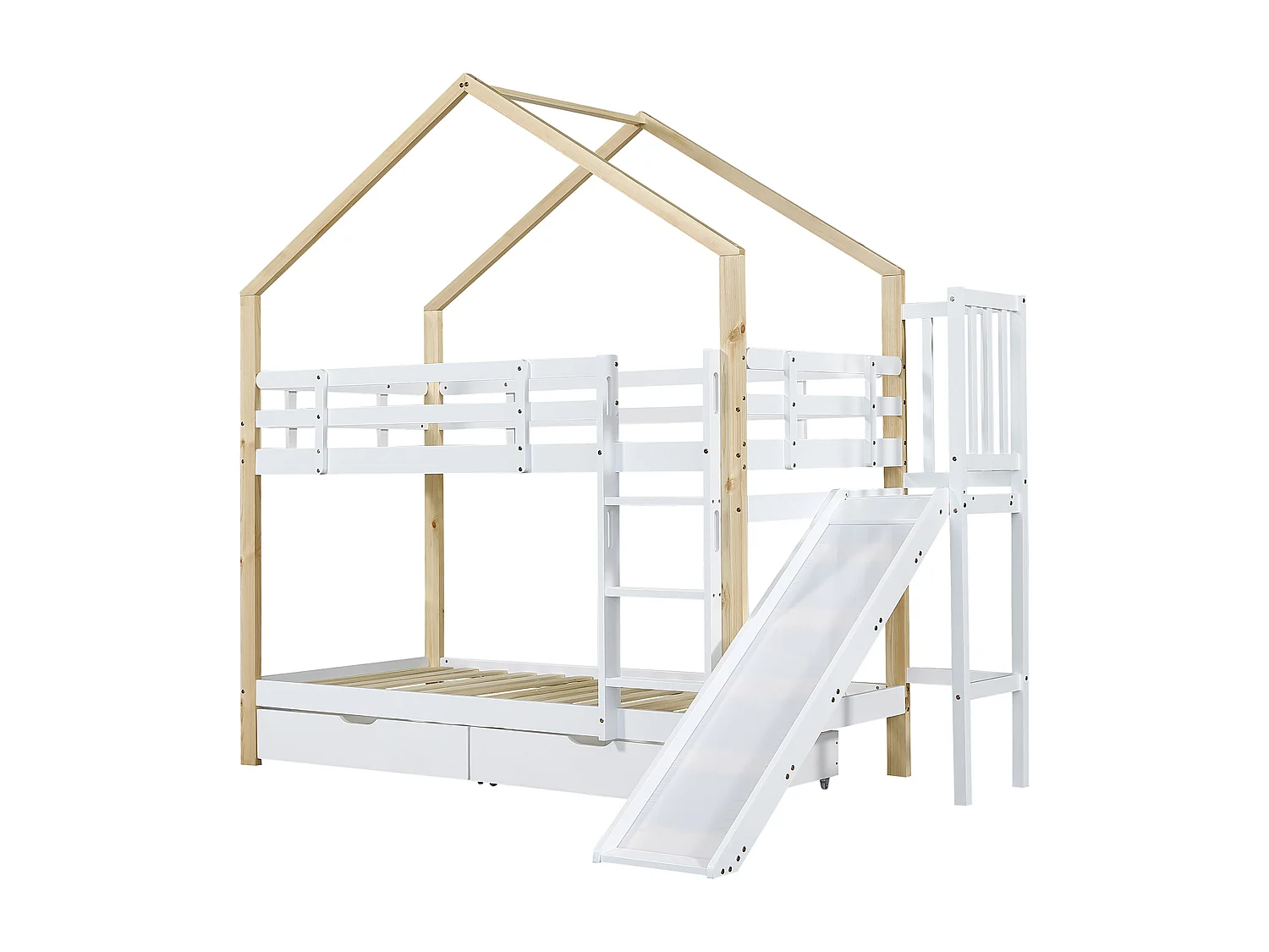 Letto a castello con scivolo, scala inclinata a 3 gradini, letto a castello, ringhiera, 2 cassetti, legno massello, bianco+naturale, 90x200cm