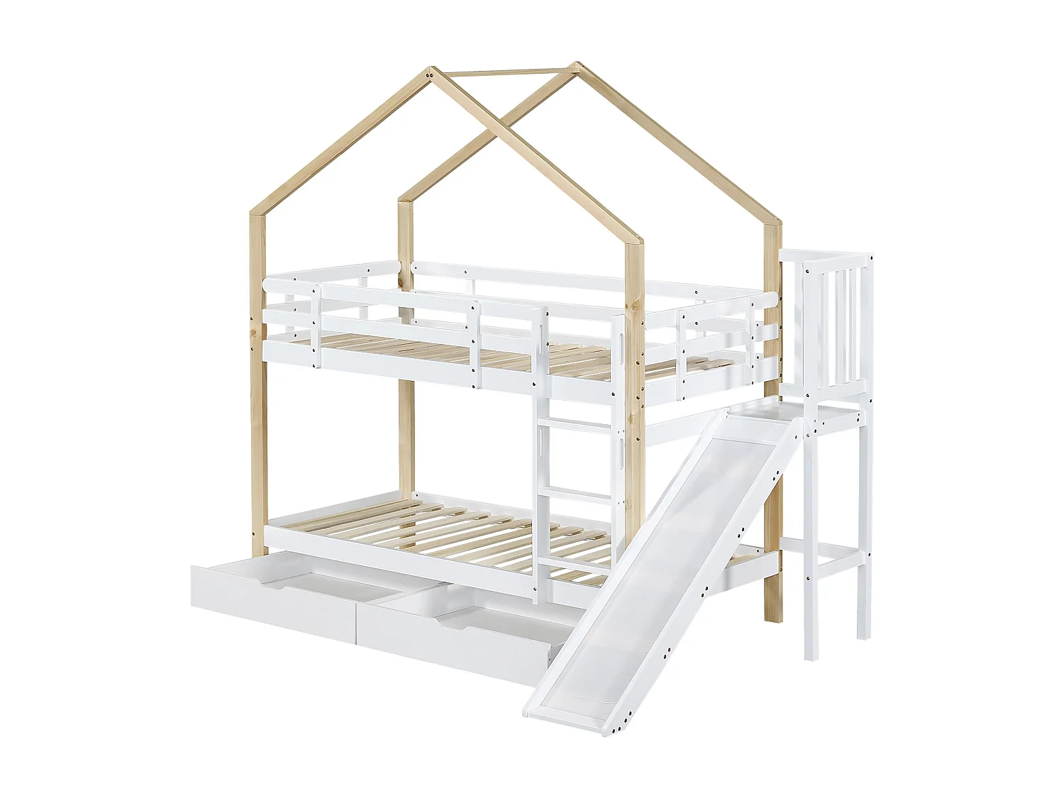 Letto a castello con scivolo, scala inclinata a 3 gradini, letto a castello, ringhiera, 2 cassetti, legno massello, bianco+naturale, 90x200cm