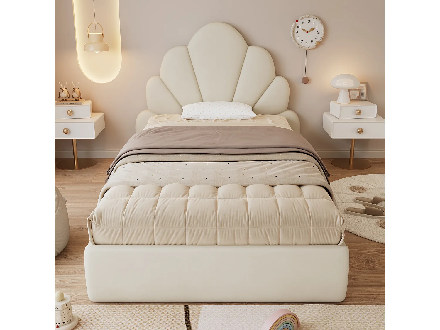 Letto singolo imbottito, testiera curva a petalo, semplice, elegante e confortevole, giroletto moderno, velluto, beige 90x200cm