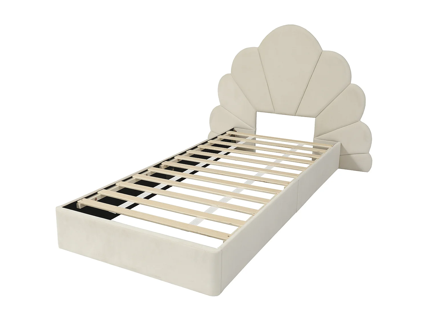 Letto singolo imbottito, testiera curva a petalo, semplice, elegante e confortevole, giroletto moderno, velluto, beige 90x200cm