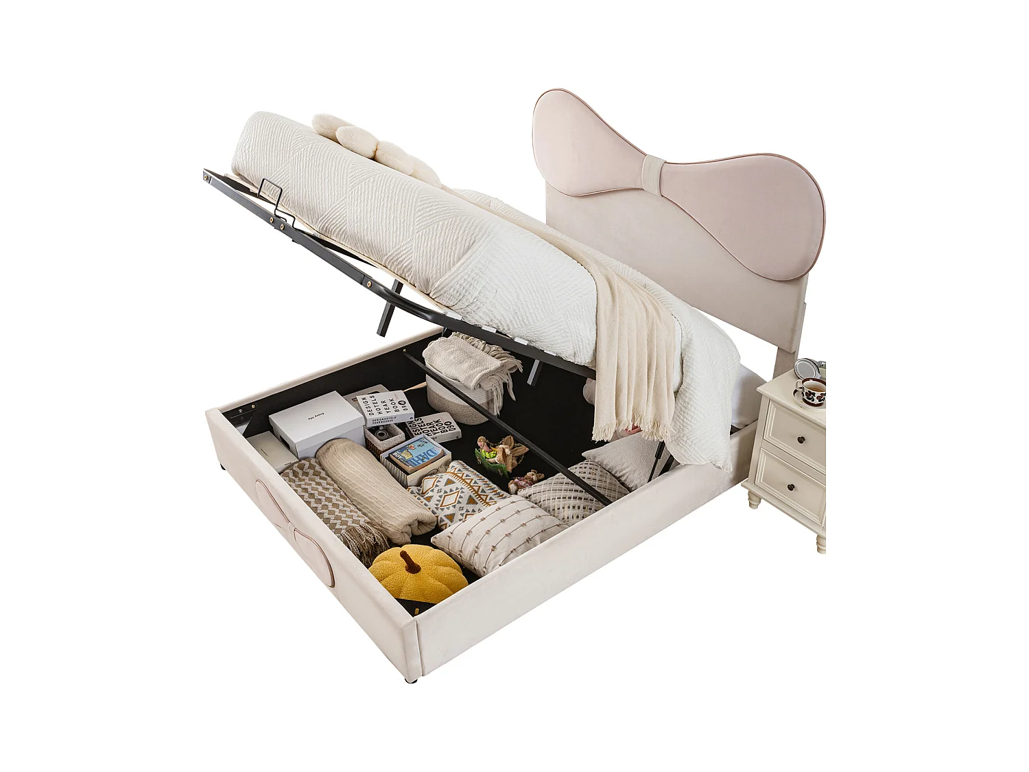 Lit hydraulique tapissé, double, tête de lit réglable (arc), sommier à lattes métalliques (rangement), velours, beige + rose, 140x200cm