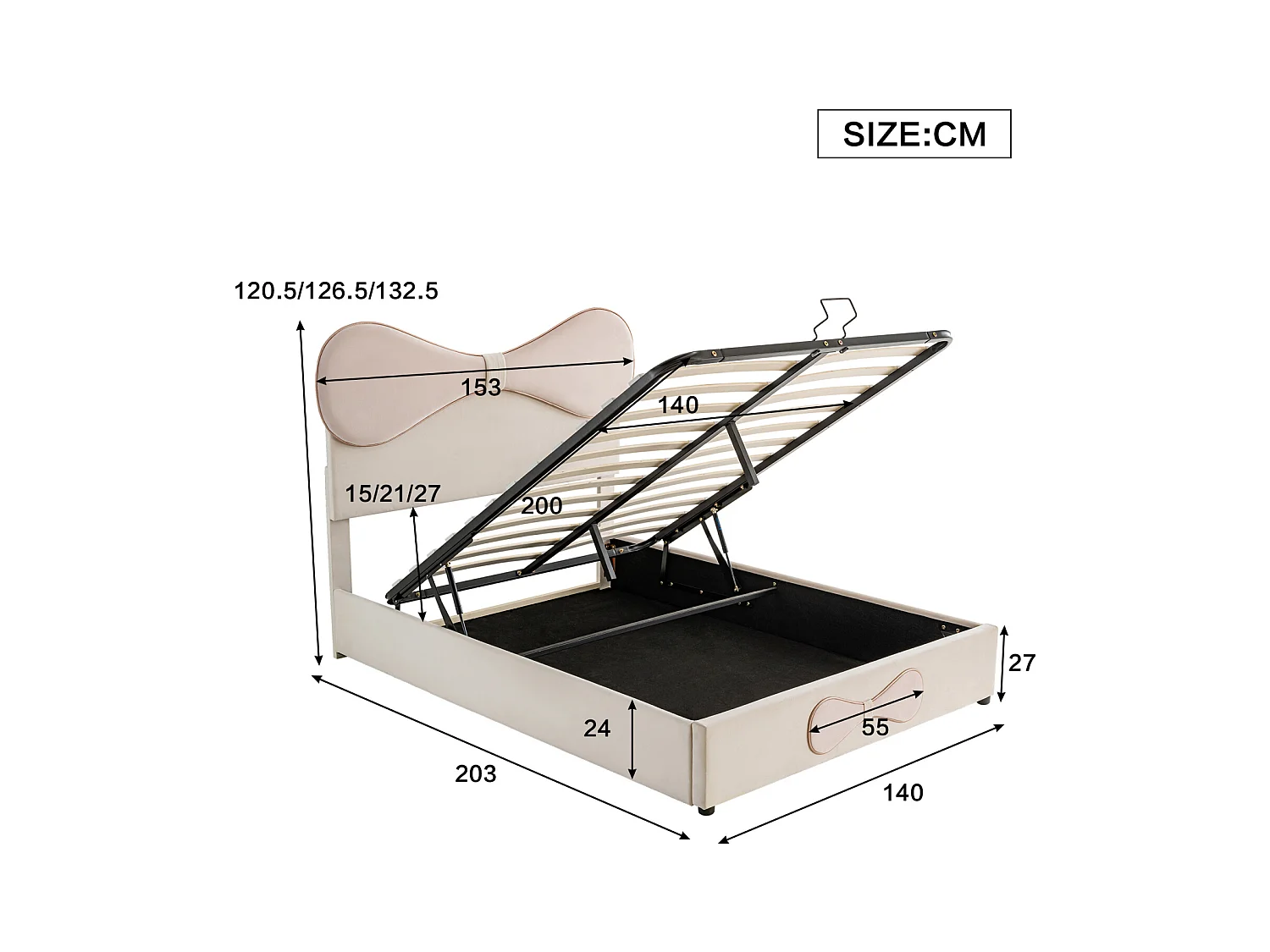 Lit hydraulique tapissé, double, tête de lit réglable (arc), sommier à lattes métalliques (rangement), velours, beige + rose, 140x200cm