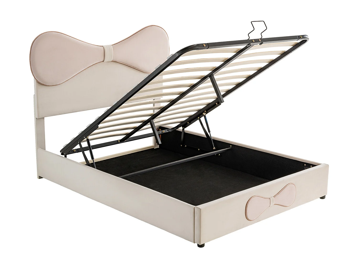 Lit hydraulique tapissé, double, tête de lit réglable (arc), sommier à lattes métalliques (rangement), velours, beige + rose, 140x200cm