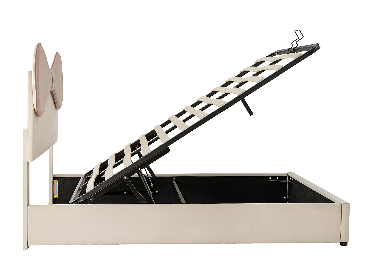 Lit hydraulique tapissé, double, tête de lit réglable (arc), sommier à lattes métalliques (rangement), velours, beige + rose, 140x200cm