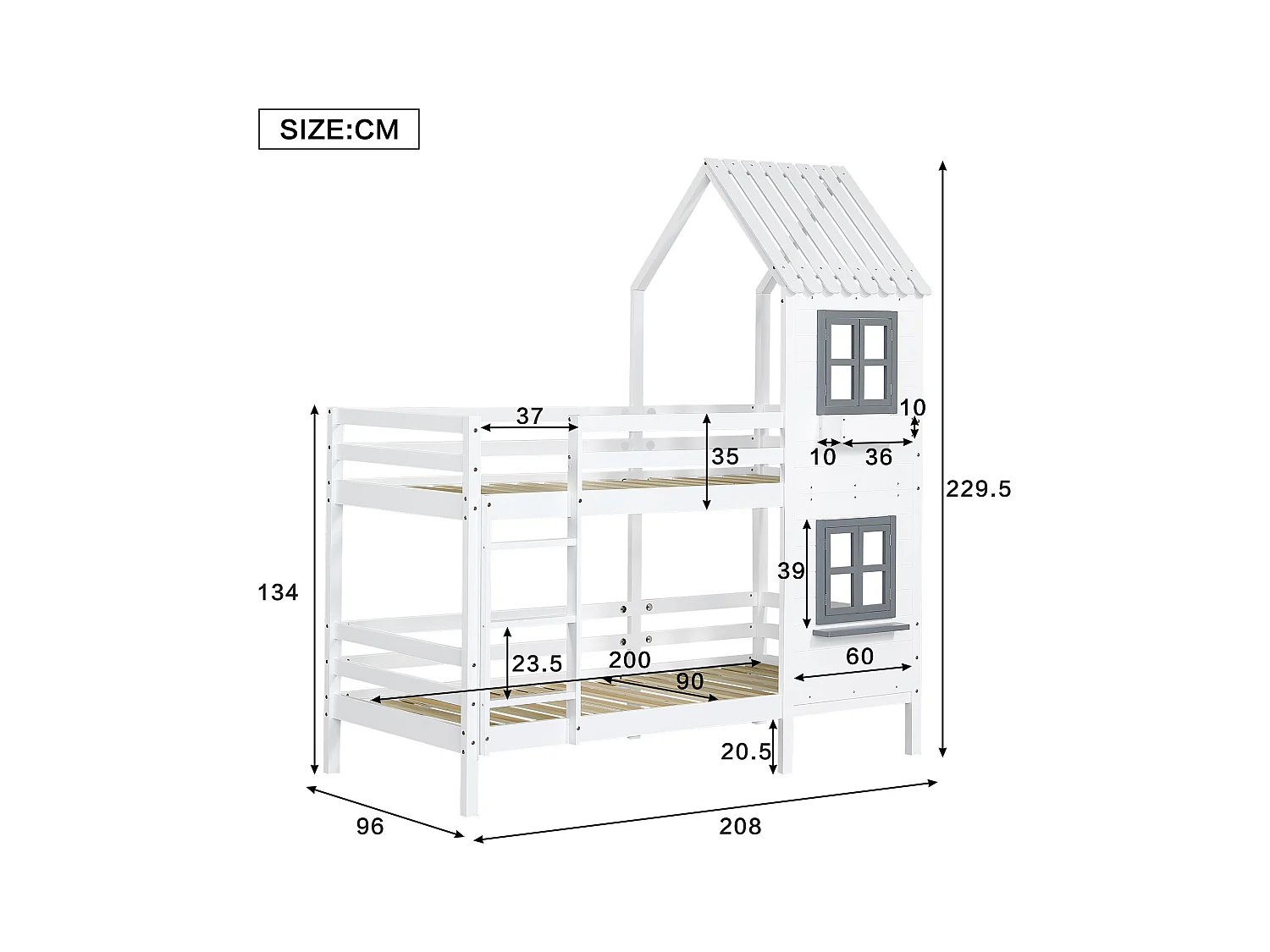 Lit superposé avec main courante, fenêtre, lit cabane pour enfants, protection, garde-corps, pin, blanc, 90x200cm