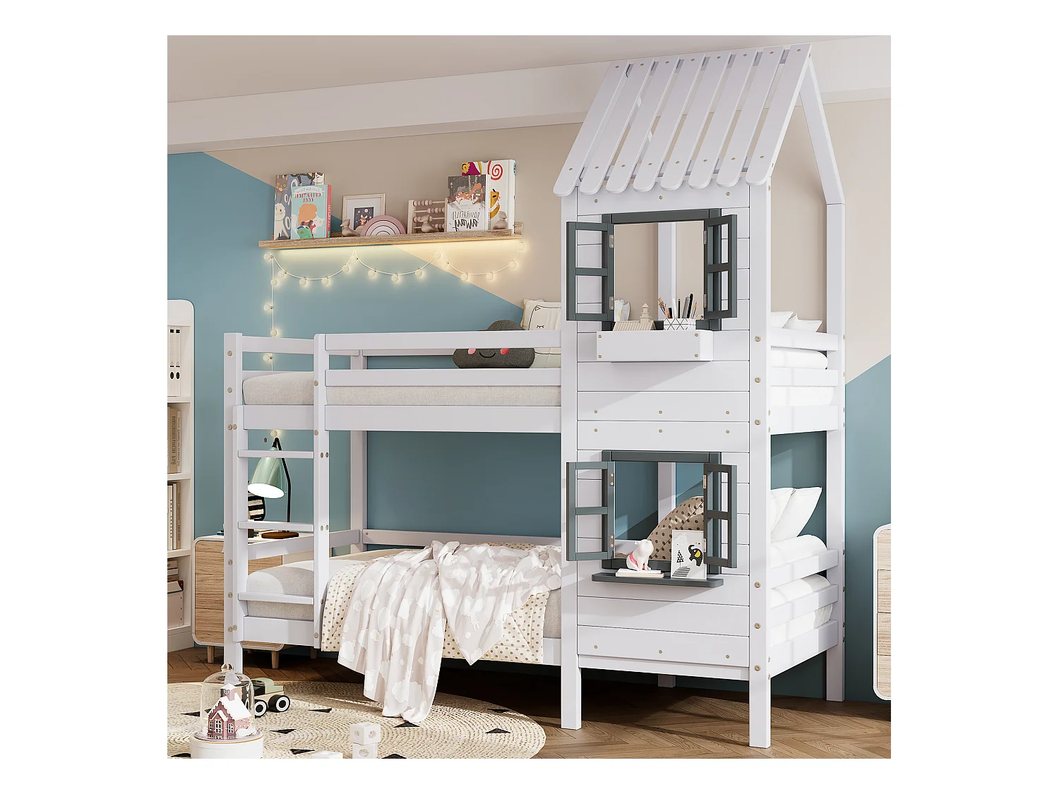 Lit superposé avec main courante, fenêtre, lit cabane pour enfants, protection, garde-corps, pin, blanc, 90x200cm
