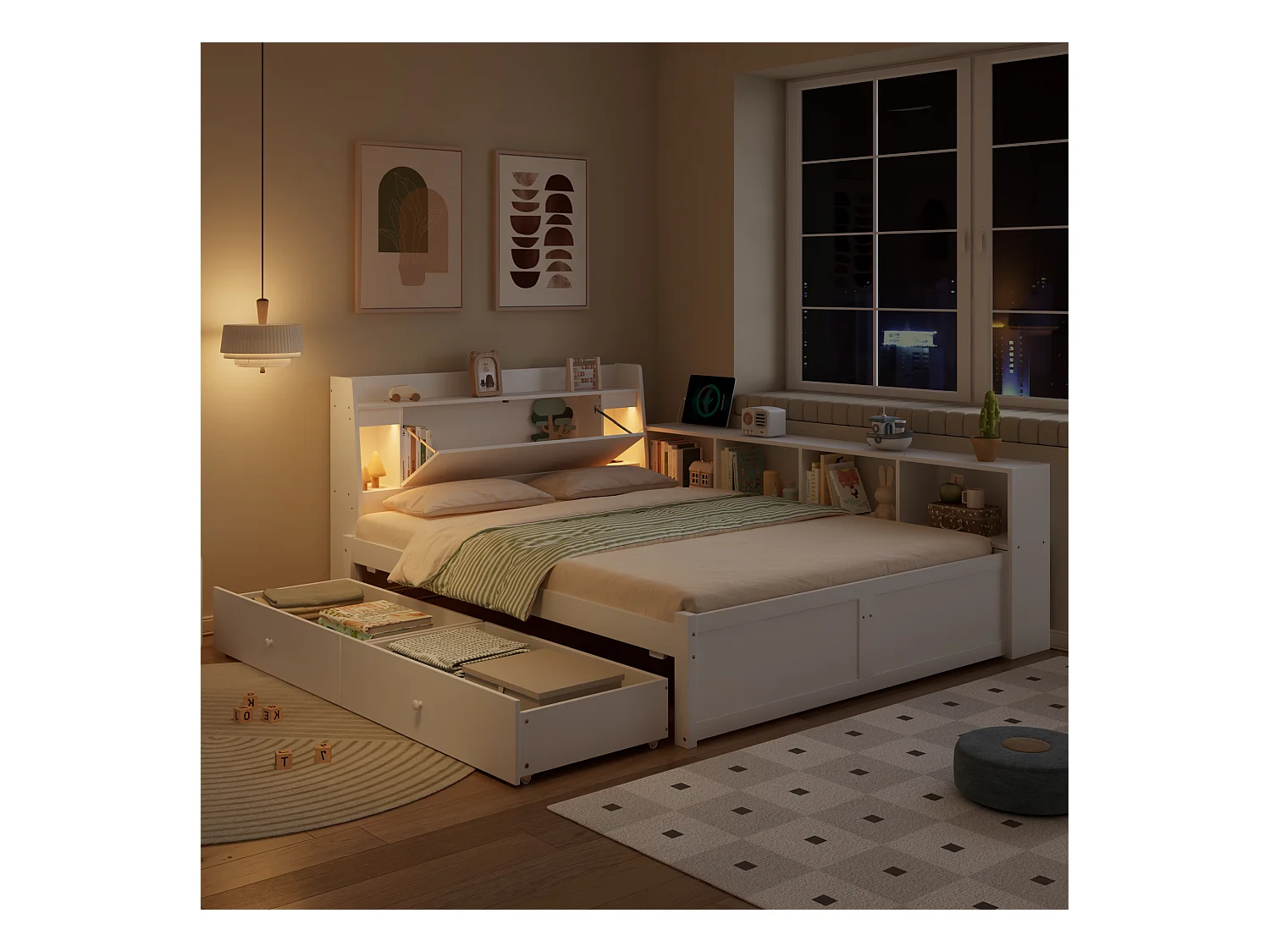 Tweepersoonsbed, paneel, hoofdeinde (opbergruimte + 2 lampen), oplaadpunt, kledingkasten, lades, grenen + spaanplaat + MDF, wit, 140x200cm